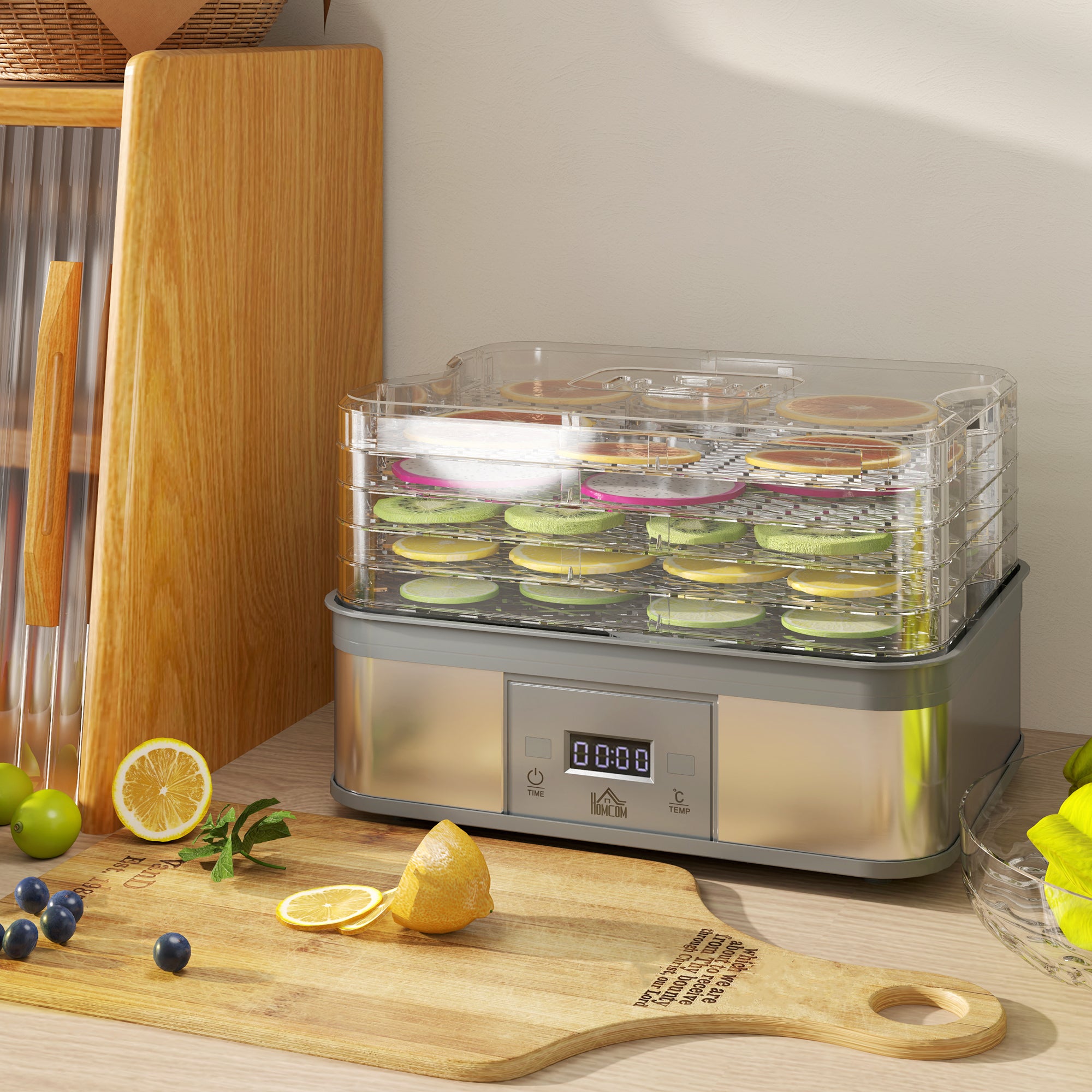 HOMCOM 5 Tier Food Dehydrator, 245W Stainless Steel Food Dryer Machine with Adjustable Temperature, Timer and LCD Display for Drying Fruit, Meat, Vegetable, Jerky and Pet Treat, Grey - North Peak Garden Furniture