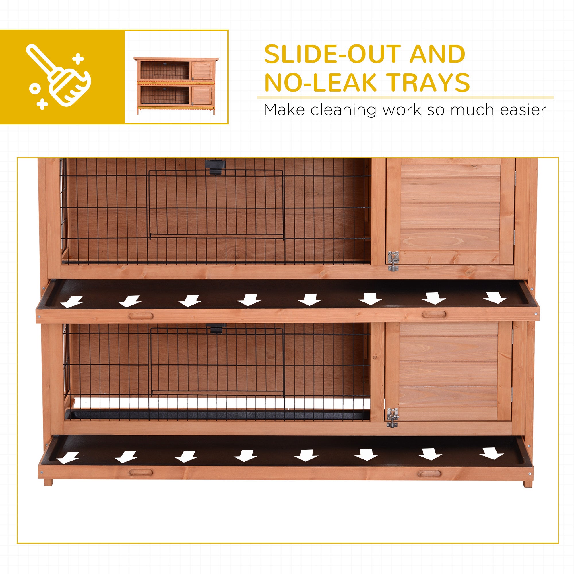 PawHut Rabbit Hutch Outdoor Guinea Pig Hutch Bunny Cage with No-Leak Trays, Divider, 136 x 50 x 93cm, Orange - North Peak Garden Furniture