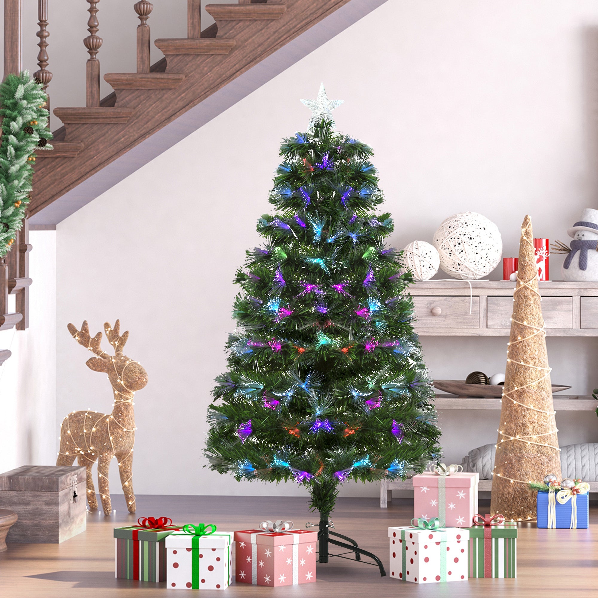 HOMCOM 4FT Multicoloured Artificial Christmas Tree w/ Fibre Optic Lights Pre-Lit Modes Metal Stand Star Holder Home Seasonal Decoration - North Peak Garden Furniture