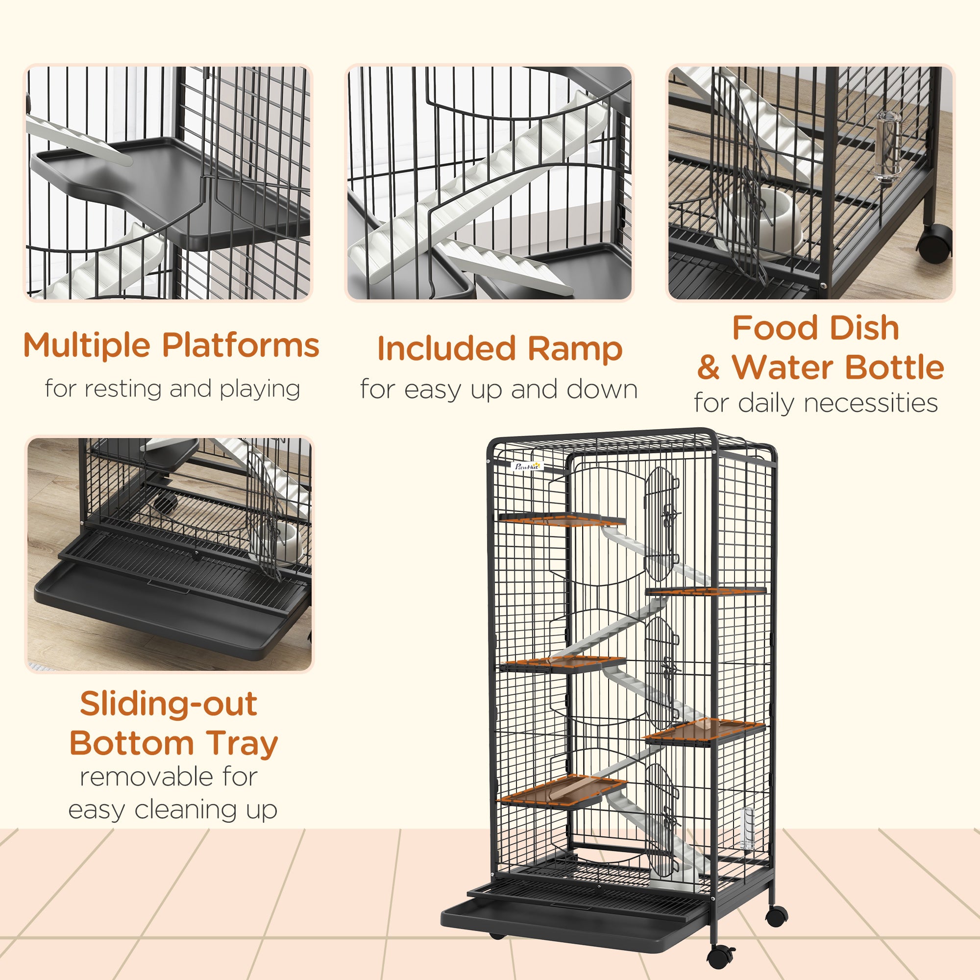 PawHut 6 Levels Removable Small Animal Cage, 131cm - Black - North Peak Garden Furniture