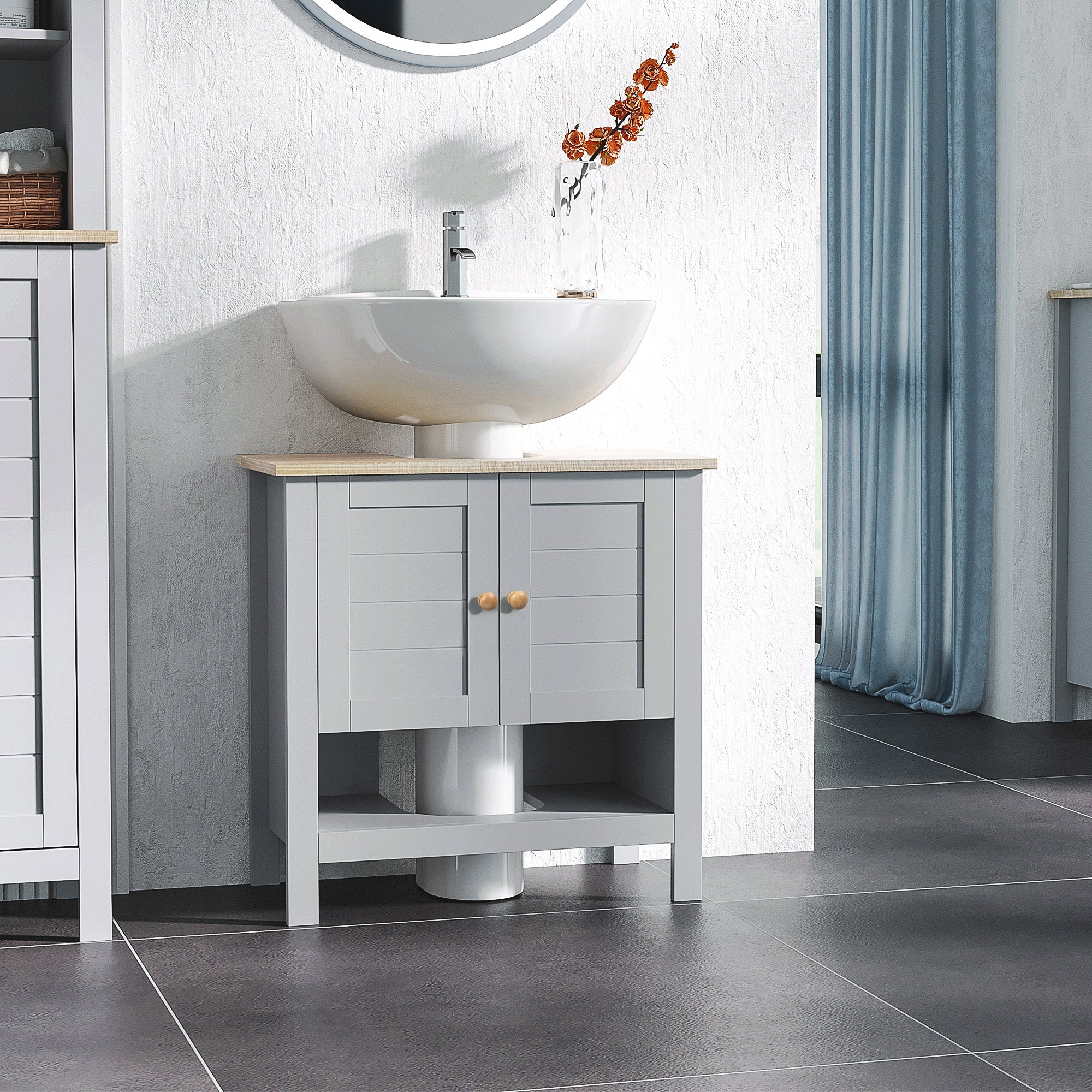 kleankin Under Sink Cabinet, Bathroom Vanity Unit, Pedestal Under Sink Design, Storage Cupboard with Adjustable Shelf, Grey - North Peak Garden Furniture