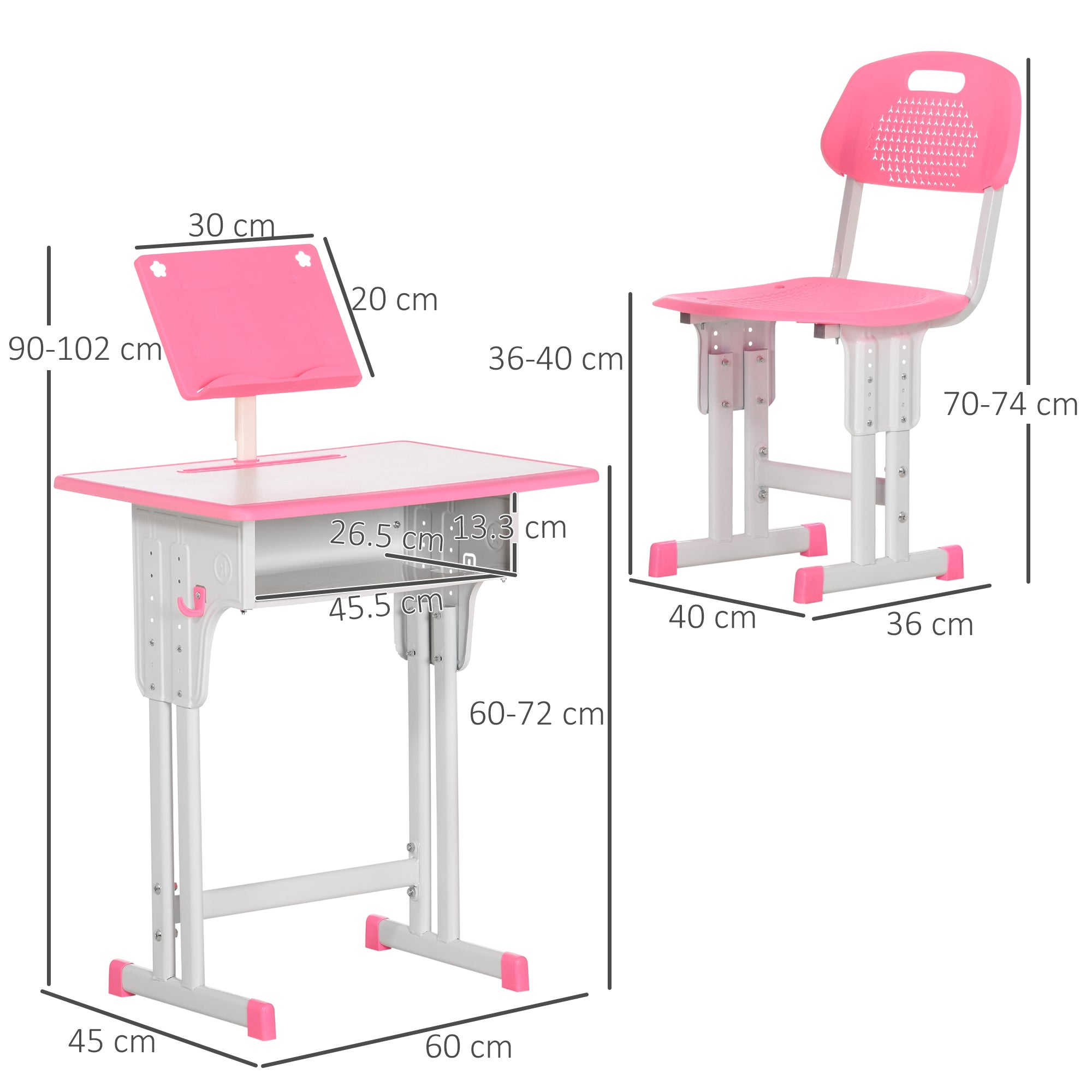 HOMCOM Kids Adjustable Desk and Chair Set, Book Stand, Pen Slot - Pink