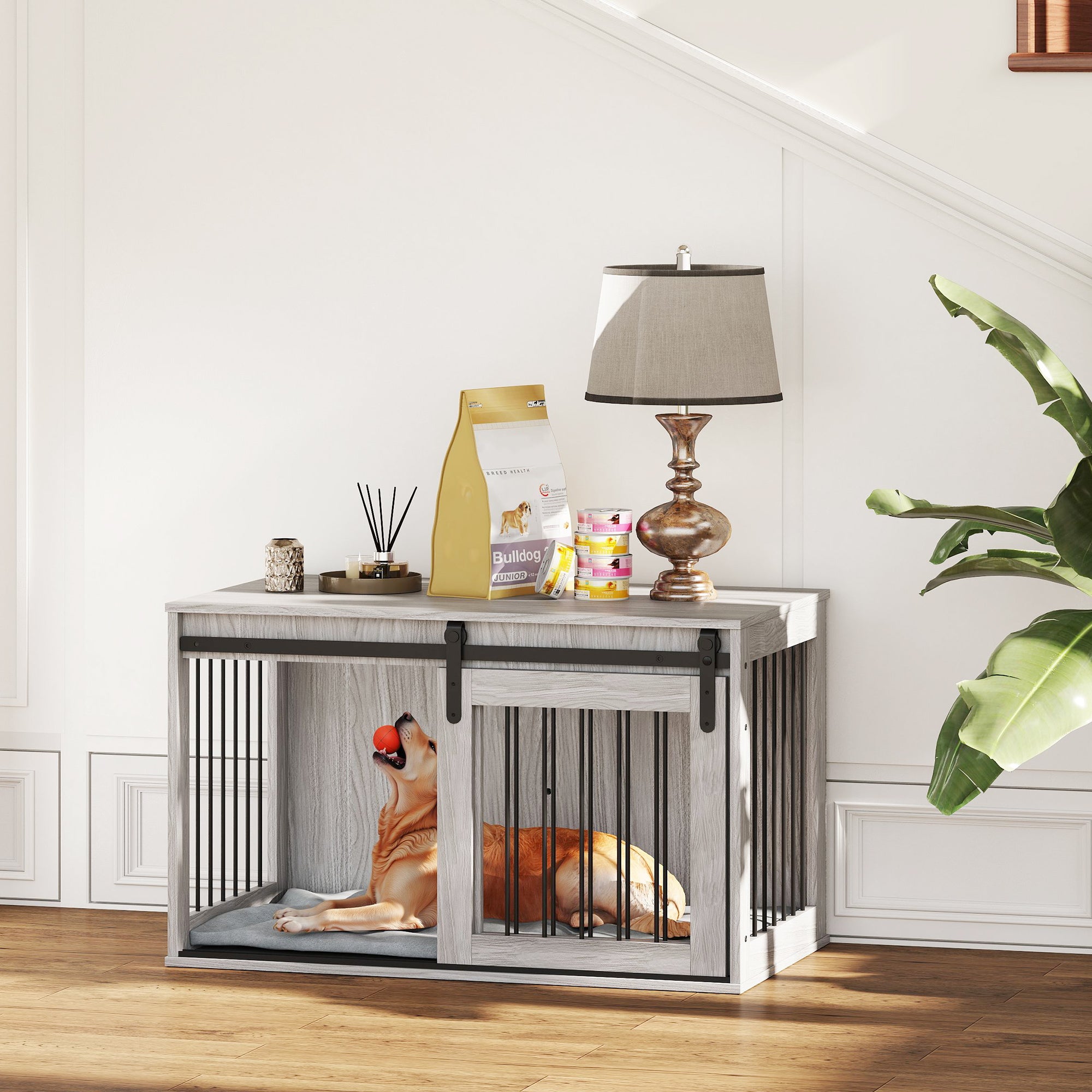 PawHut 98cm Dog Crate Furniture with Removable Cushion for Large Dogs - Grey - North Peak Garden Furniture