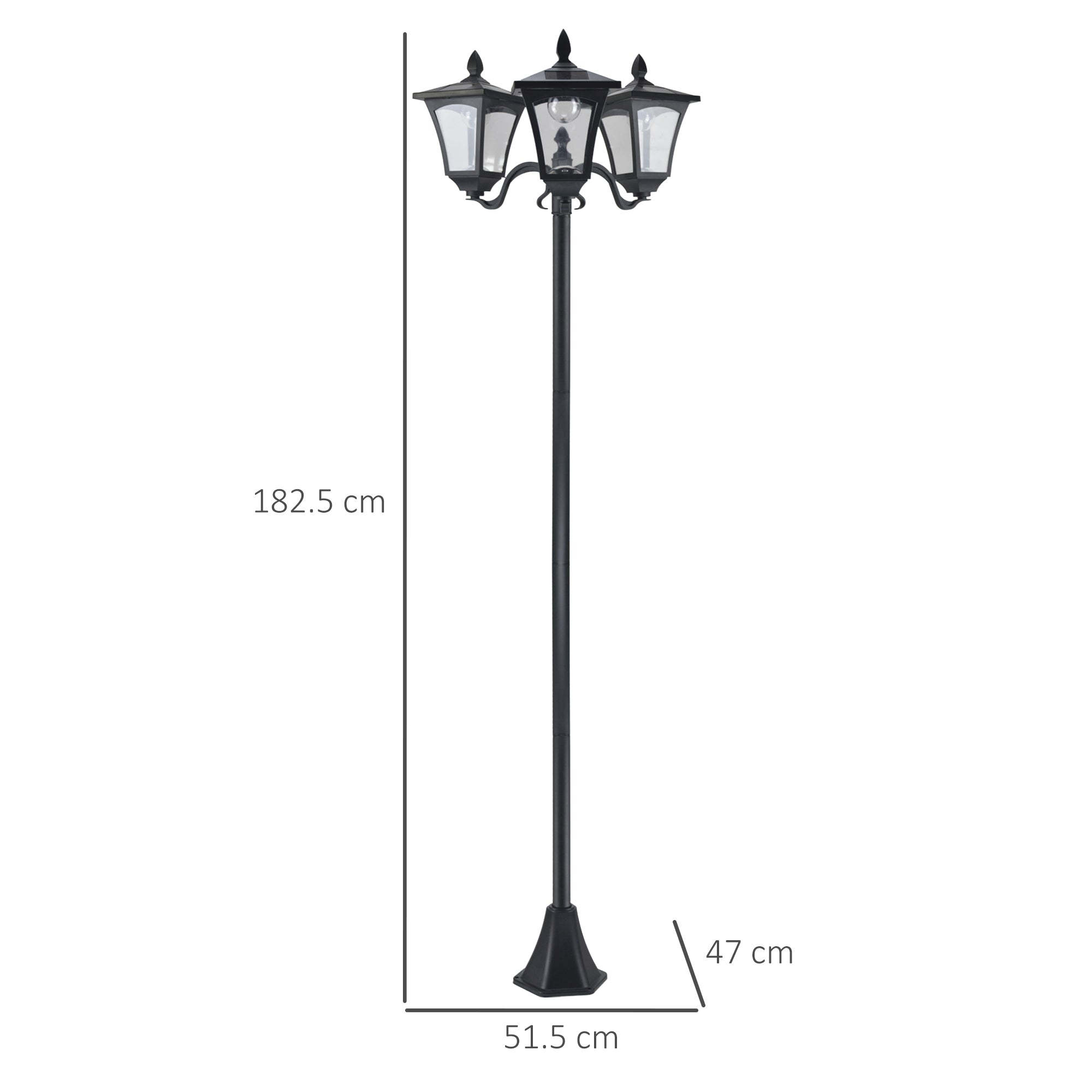 Outsunny 1.8m Traditional Victorian Style 3 Way Head Outdoor Garden Solar Post Lamp Sensor Dimmable LED Lantern Bollard Pathway IP44 – Black - North Peak Garden Furniture