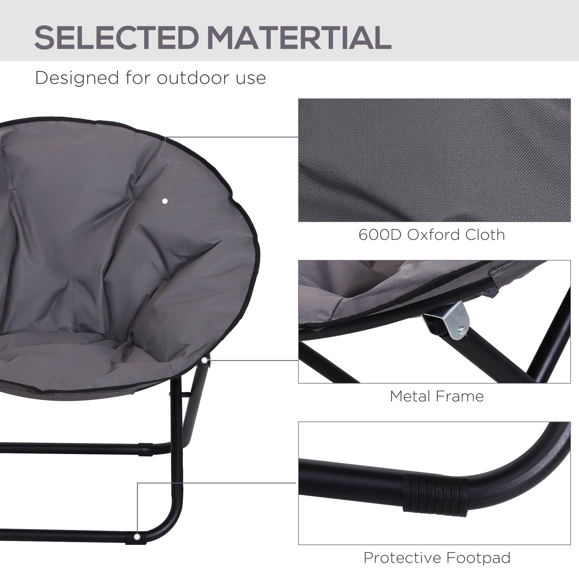 Outsunny Garden Folding Portable Padded Saucer Moon Chair Padded Round Outdoor Camping Travel Fishing Seat Grey - North Peak Garden Furniture