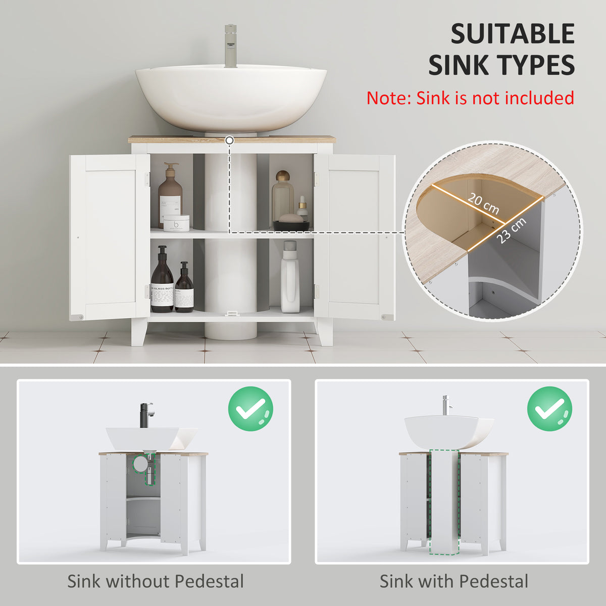 kleankin Bathroom Sink Cabinet, Bathroom Floor Storage Cabinet with 2 Doors Pedestal Under Sink Design, Space Saver Organizer Freestanding with Internal Adjustable Shelf, White - North Peak Garden Furniture