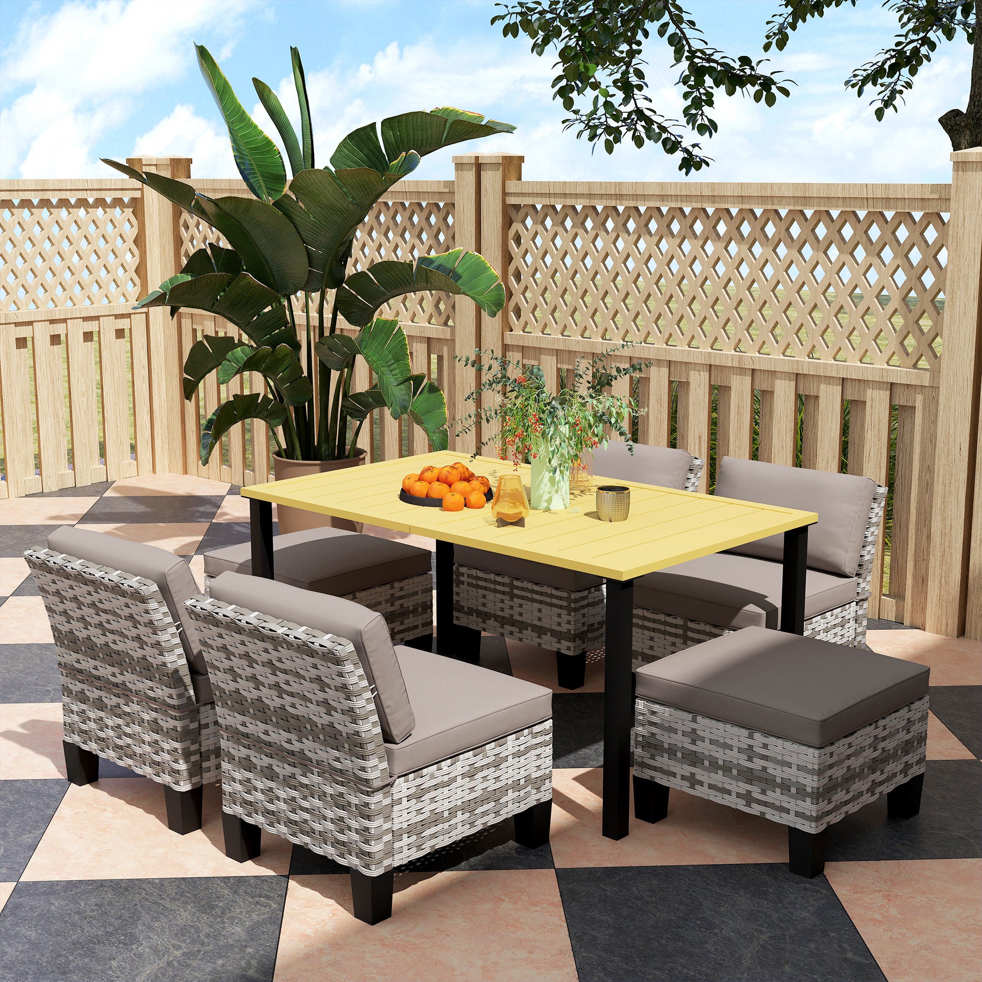 Outsunny 7-Piece Rattan Garden Dining Set, 6 Seater Wicker Garden Furniture Set with Seat and Back Cushions, Umbrella Hole, Patio Table and Chairs with Slatted Metal Top Table for Balcony, Grey - North Peak Garden Furniture