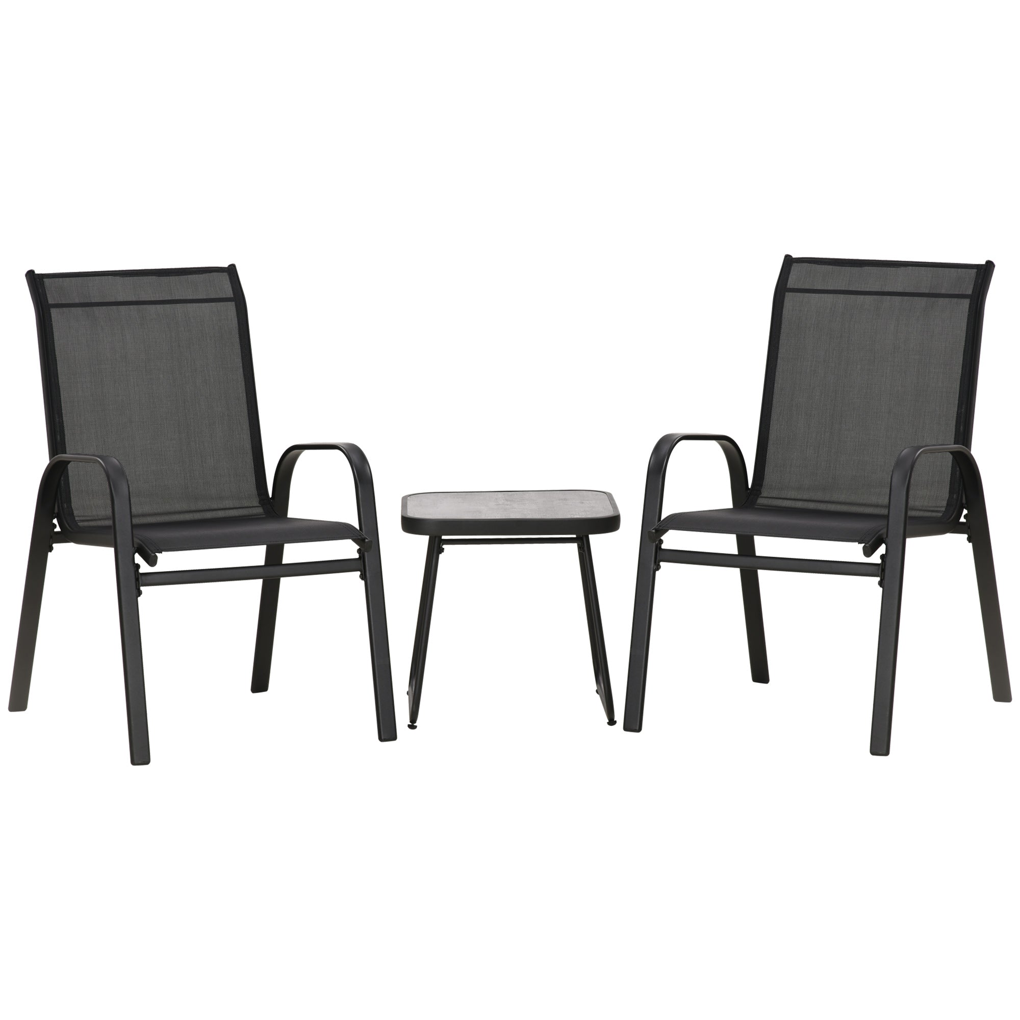 Outsunny 3 Pieces Outdoor Bistro Set, Patio Stackable Armchairs with Breathable Mesh Fabric and SPC Board Coffee Table, Black