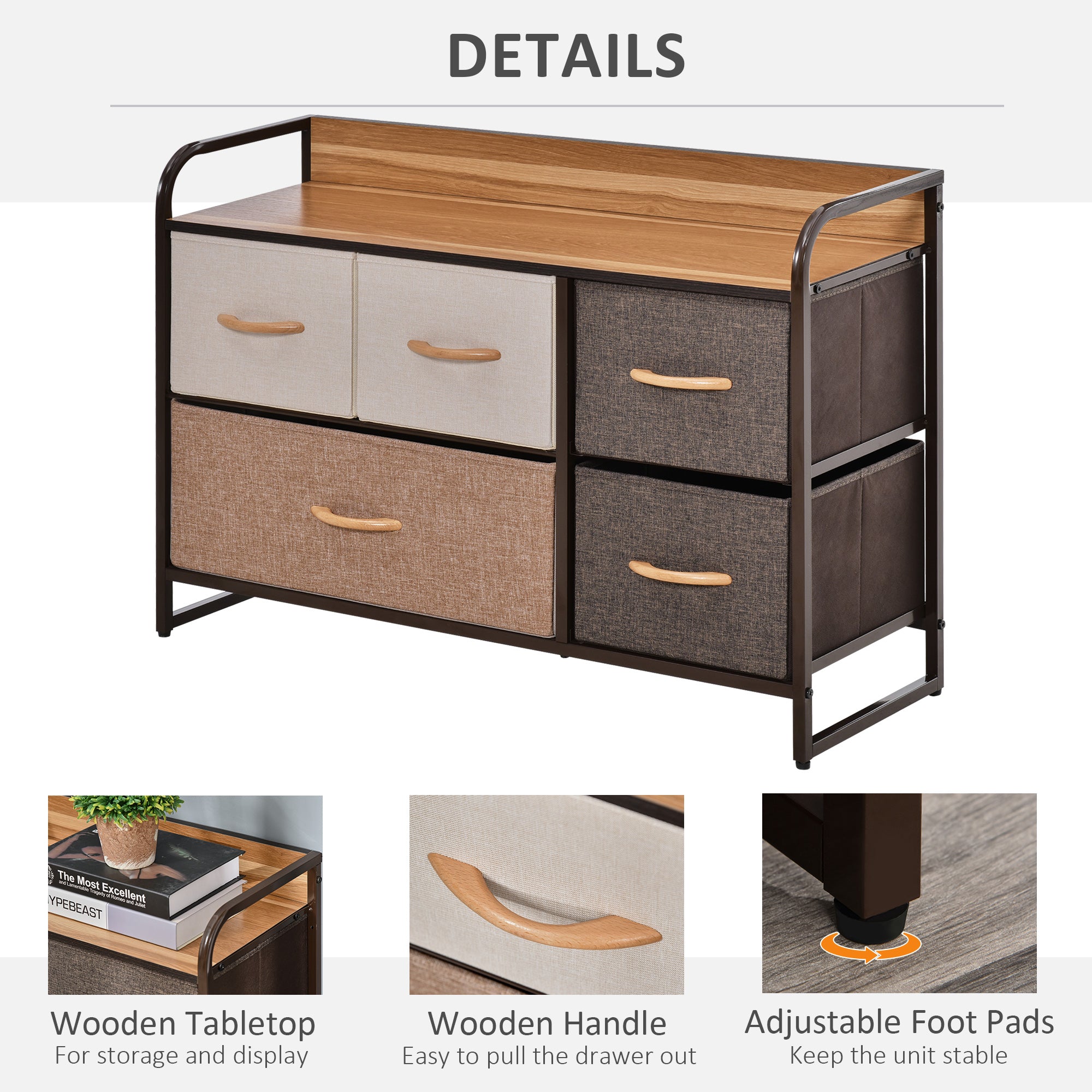 HOMCOM 5-Drawer Dresser, Linen Fabric Chest of Drawers, Dresser Tower Unit for Bedroom Hallway Entryway, Storage Organizer with Steel Frame Wooden Top - North Peak Garden Furniture
