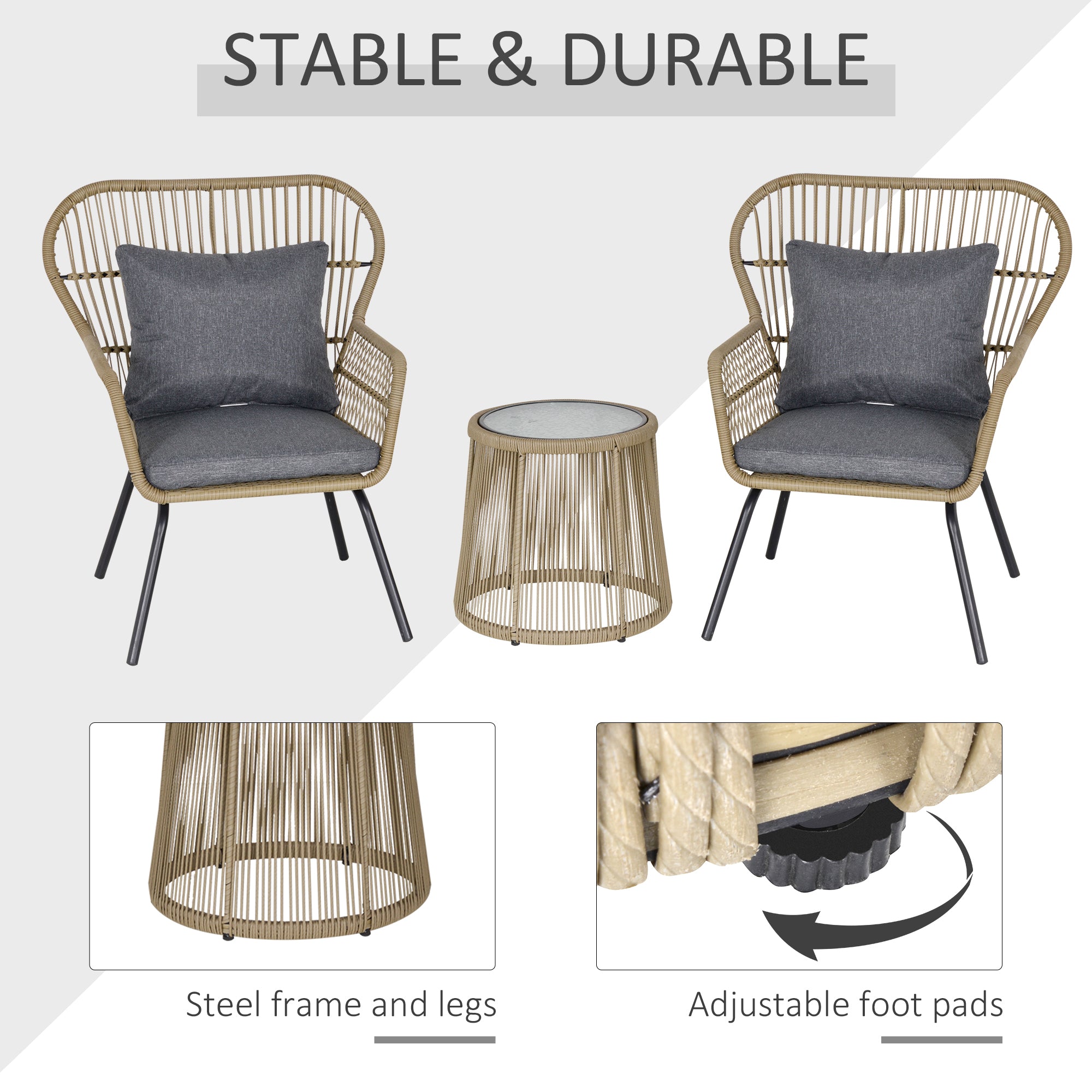 Outsunny 3 Pieces Rattan Bistro Set, Wicker Garden Furniture Set with Cushions, Glass Top Coffee Table and Chairs for Outdoor, Patio, Balcony, Brown - North Peak Garden Furniture