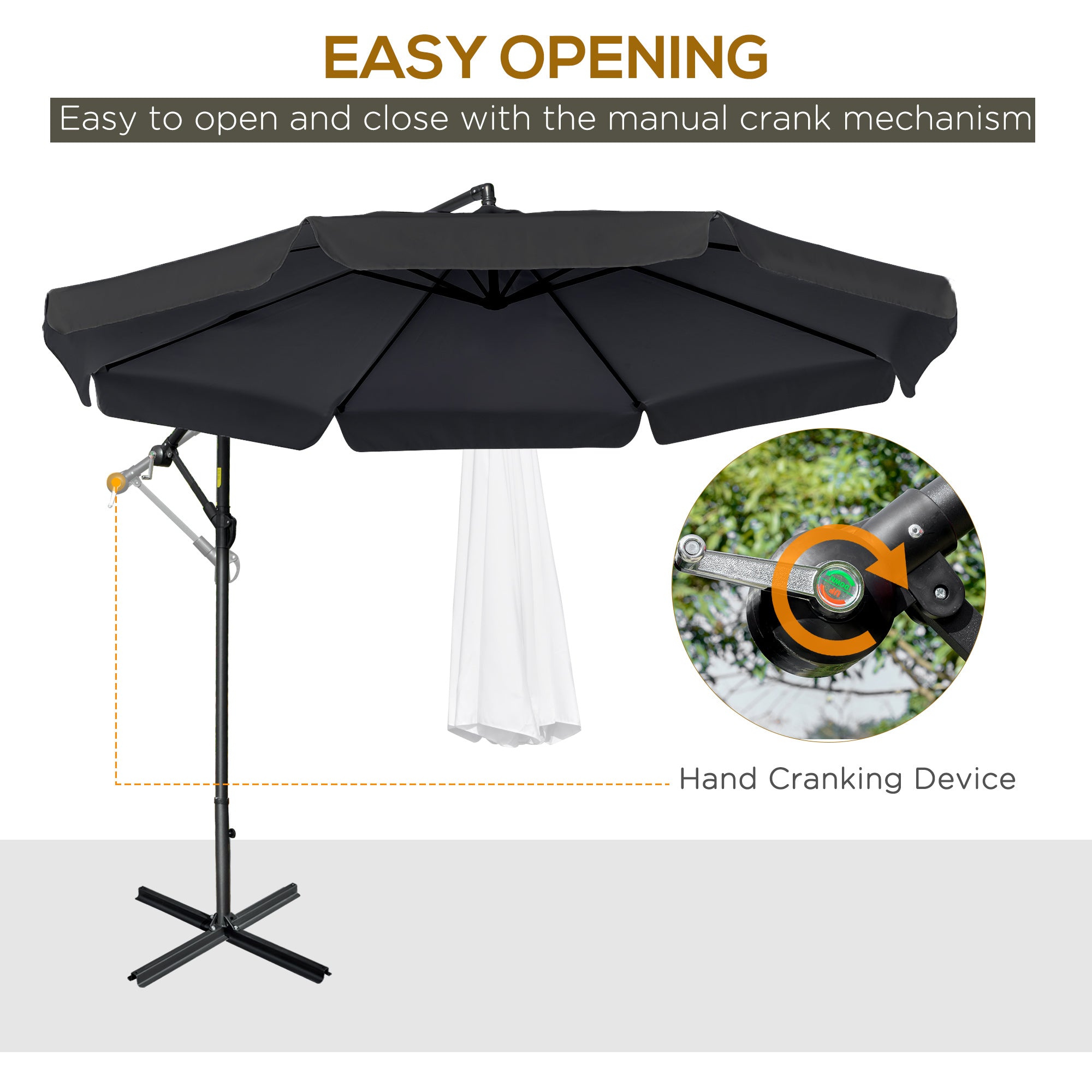 Outsunny 2.7m Garden Banana Parasol Cantilever Umbrella with Crank Handle and Cross Base for Outdoor, Hanging Sun Shade, Black - North Peak Garden Furniture