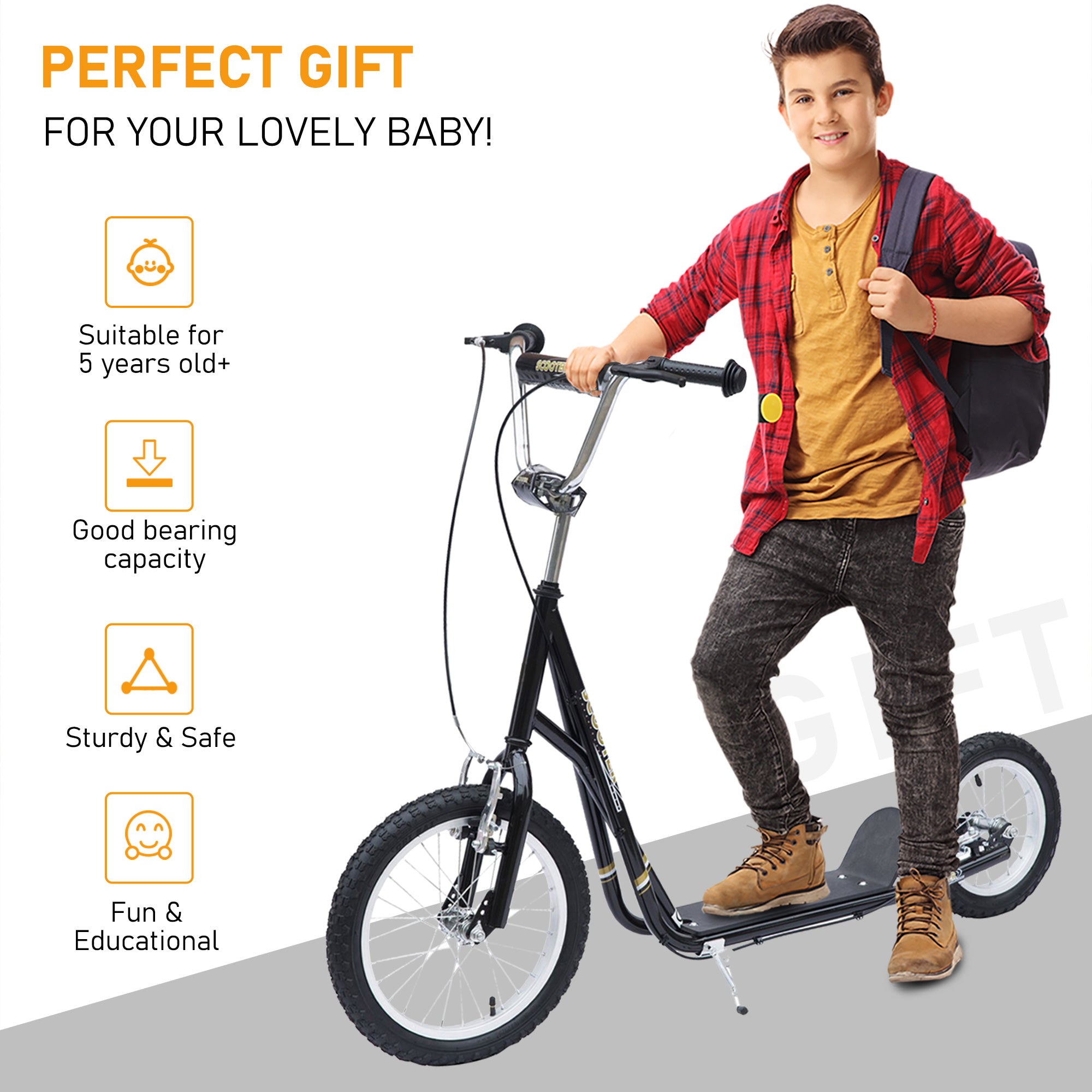 HOMCOM Teen Stunt Scooter Push Kick Scooters for Kids with Rubber Wheels Adjustable Handlebar Front Rear Dual Brakes Kickstand, for 5+ Years, Black - North Peak Garden Furniture