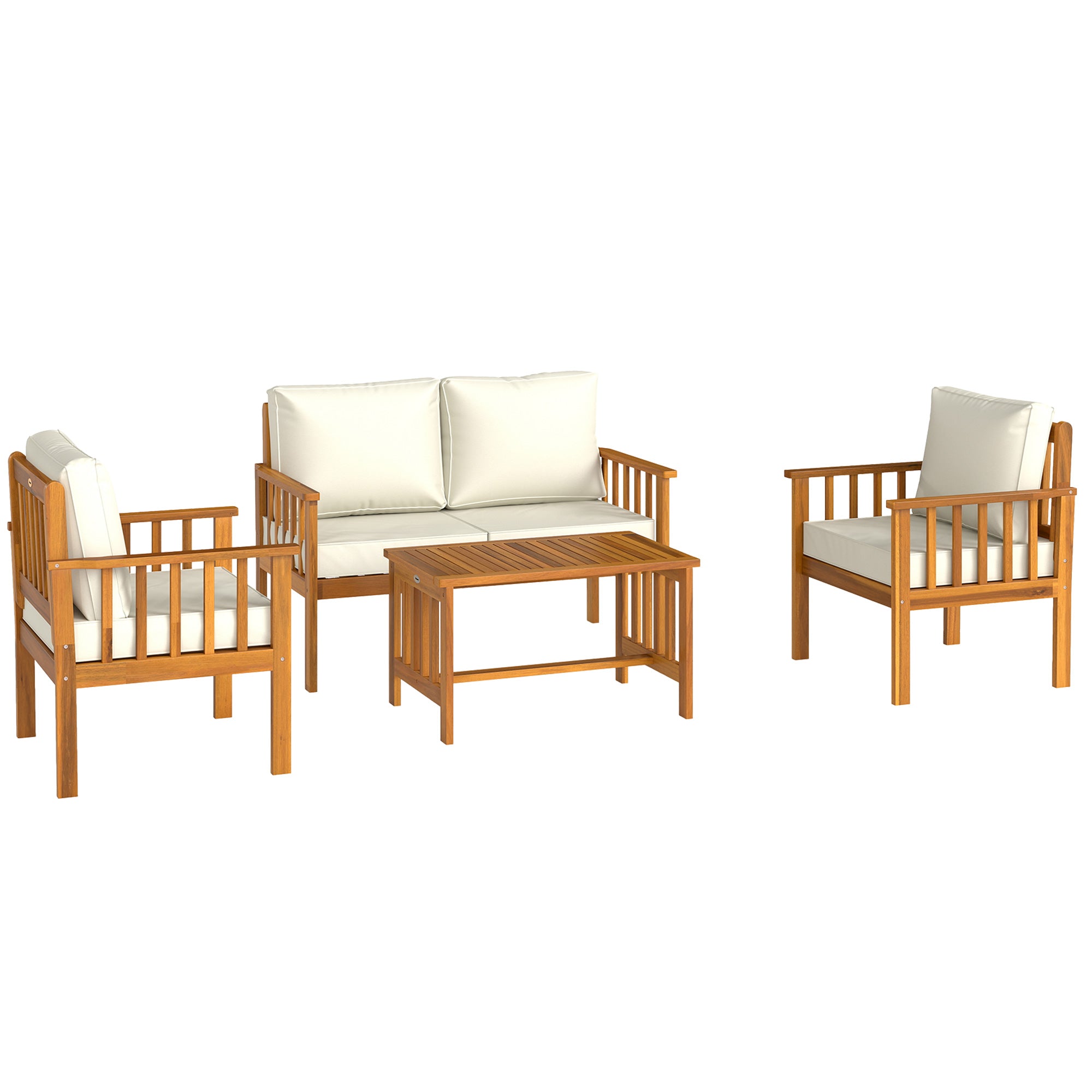 Outsunny Four-Piece Acacia Wood Garden Sofa Set - Teak/Cream - North Peak Garden Furniture