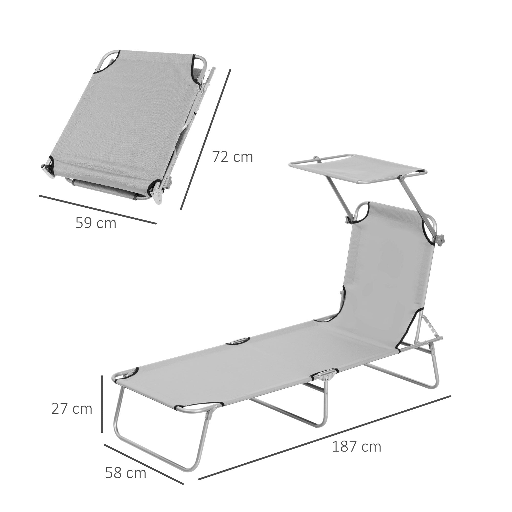 Outsunny Outdoor Foldable Sun Lounger, 4 Level Adjustable Backrest Reclining Sun Lounger Chair with Angle Adjust Sun Shade Awning for Beach, Garden, Patio, Light Grey