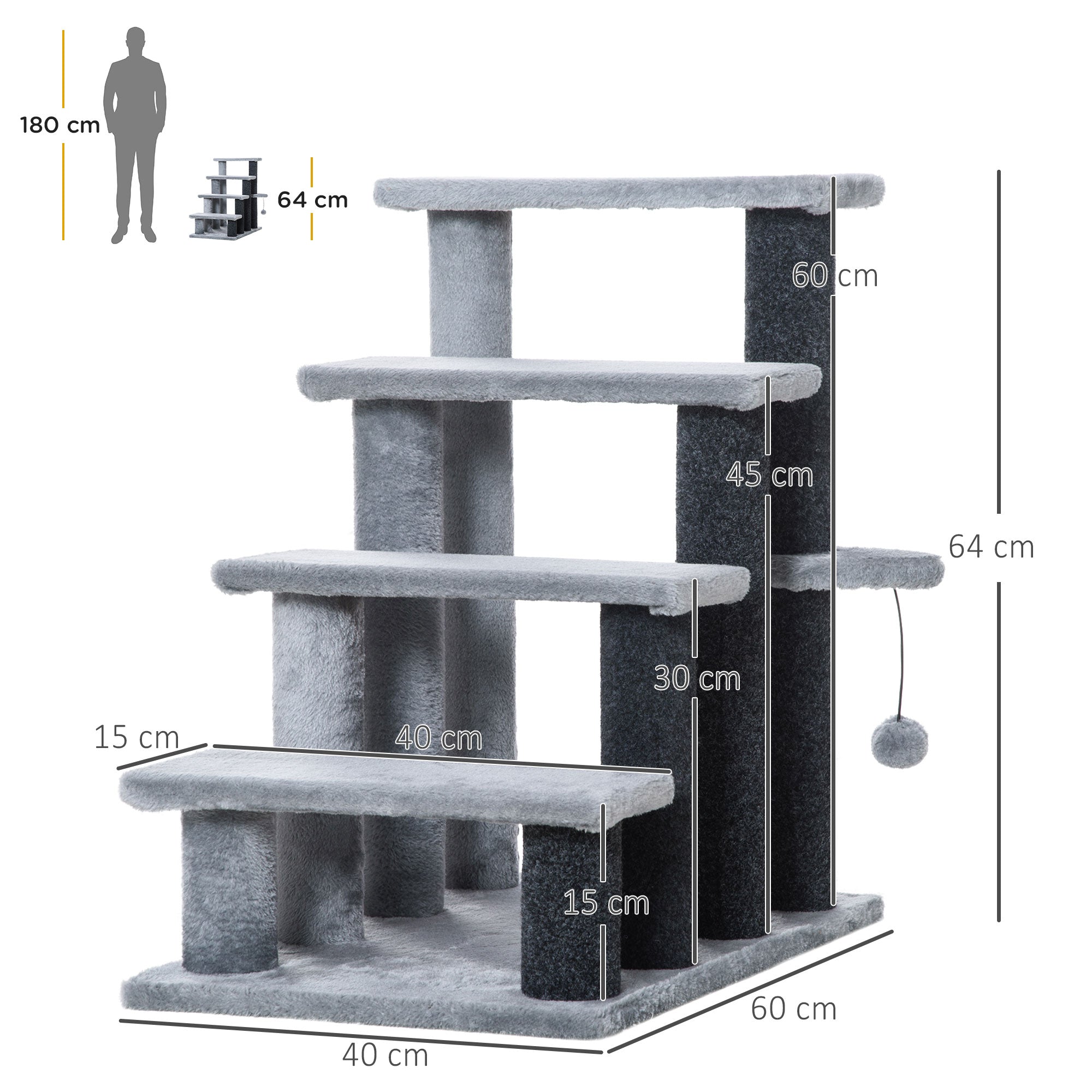 PawHut 4-step Pet Stairs with Scratching Posts, Platforms, Toy Ball, Grey - North Peak Garden Furniture