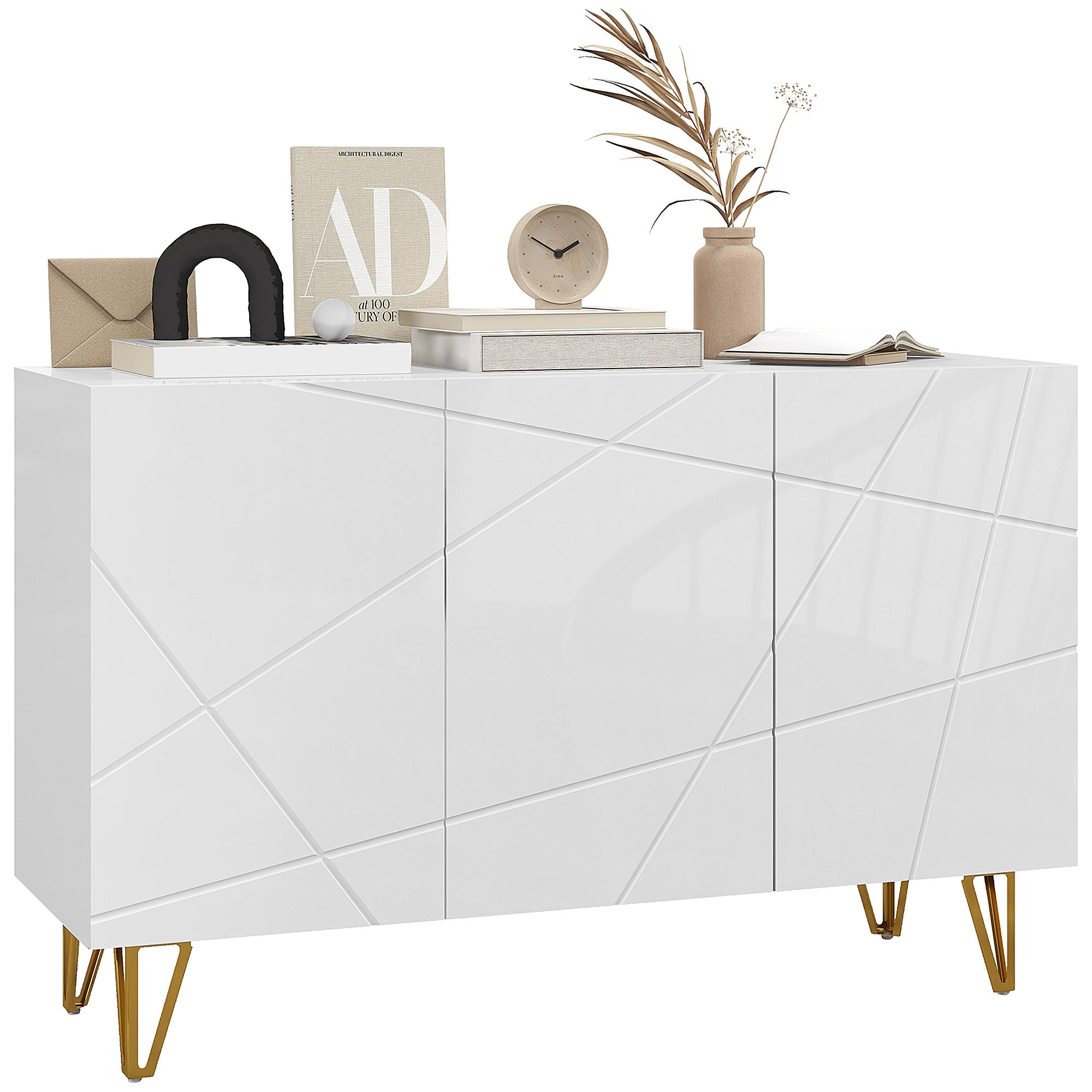 HOMCOM Modern Luxe High Gloss Sideboard, with Hairpin Legs - White - North Peak Garden Furniture