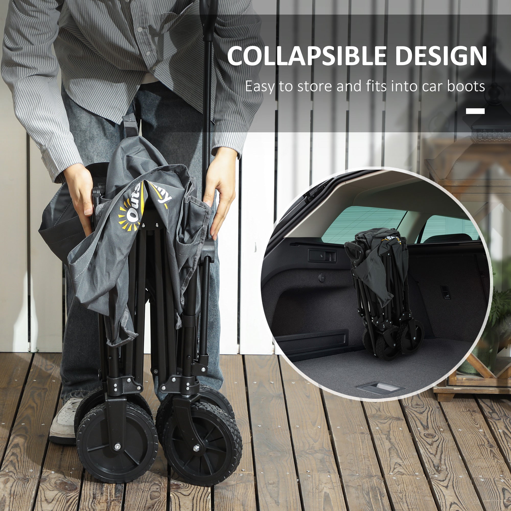 Outsunny 120L Folding Garden Trolley Cart, Outdoor Collapsible Wagon with Wheels and Adjustable Handle for Beach, Camping, Festival, Grey - North Peak Garden Furniture