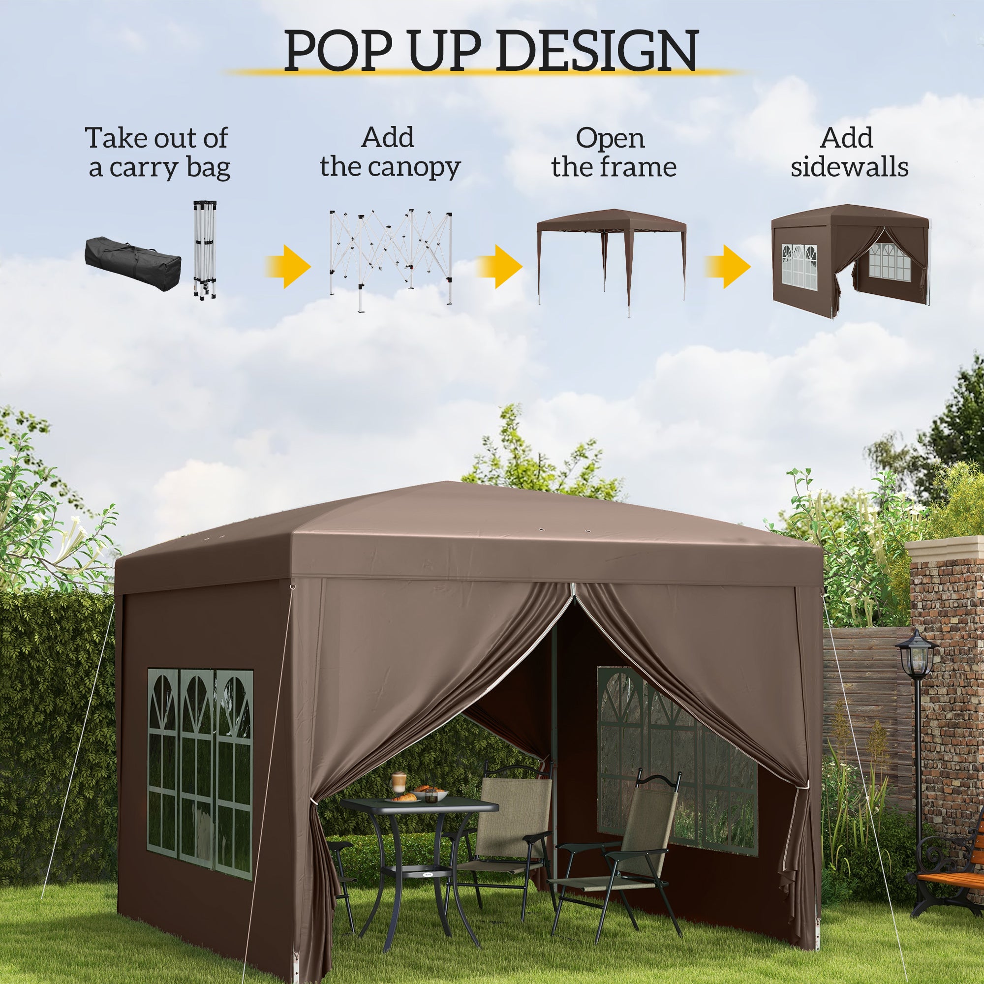Outsunny 3 x 3 m Pop Up Gazebo, Wedding Party Canopy Tent Marquee with Carry Bag and Windows, Coffee - North Peak Garden Furniture