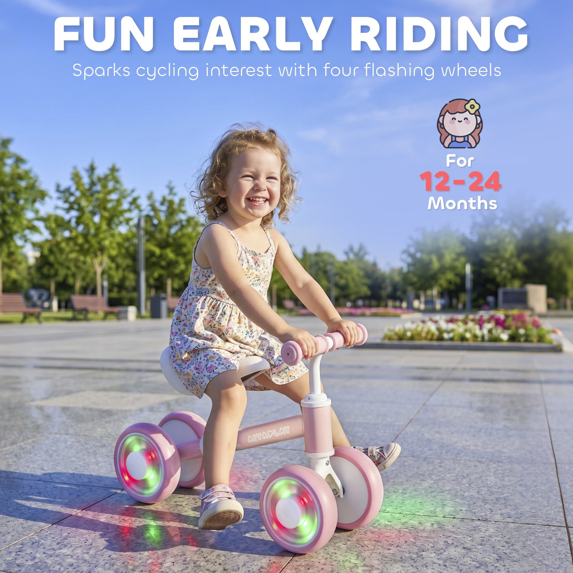AIYAPLAY Baby Balance Bike for 1-2 Years Old, Light-up Toddler Balance Bike with Adjustable Seat, 4 Silent EVA Wheels, Pink