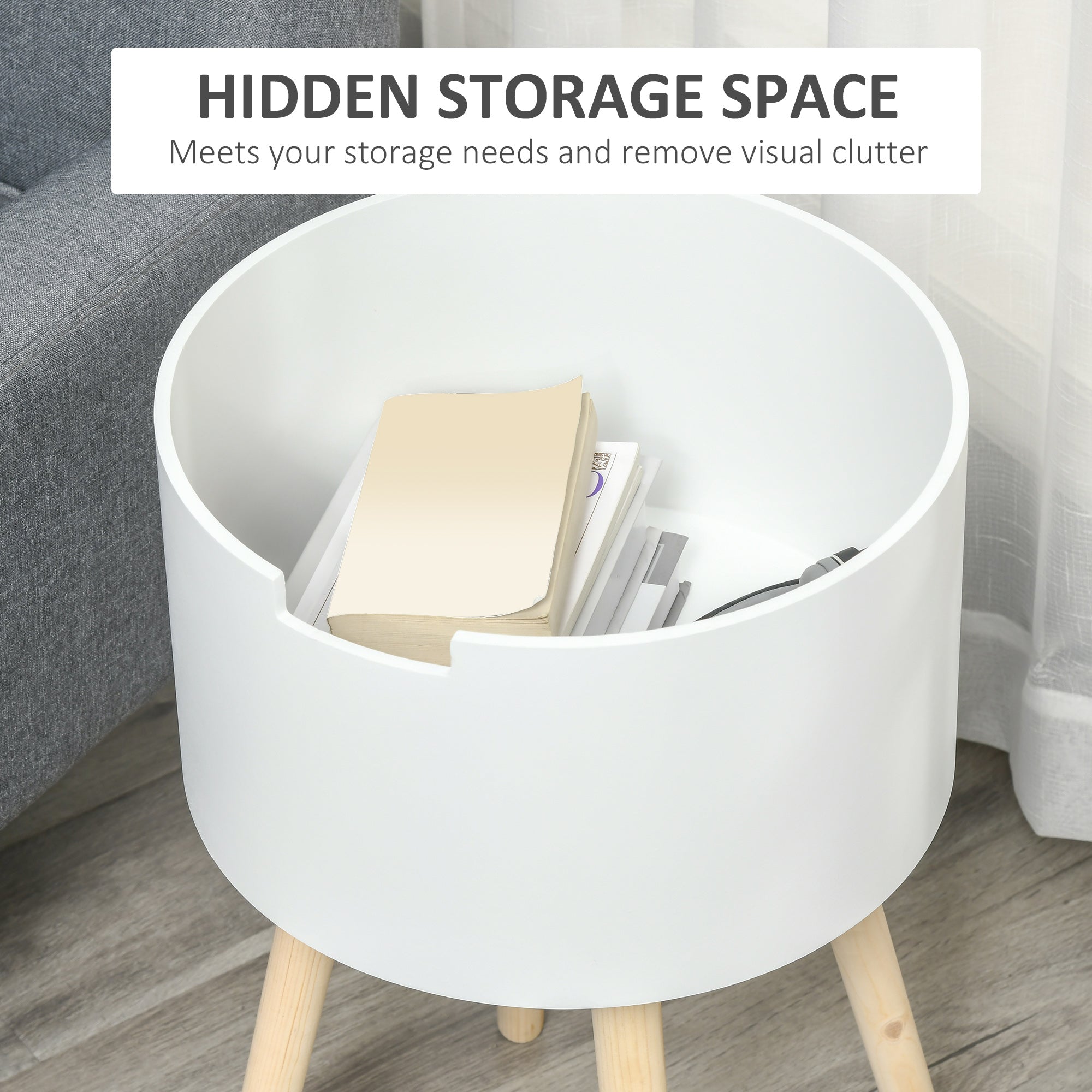 HOMCOM Modern Side Table with Hidden Storage Space, Round Night Stand with Removable Tray Wood Frame End Coffee Table for Living Room, White - North Peak Garden Furniture