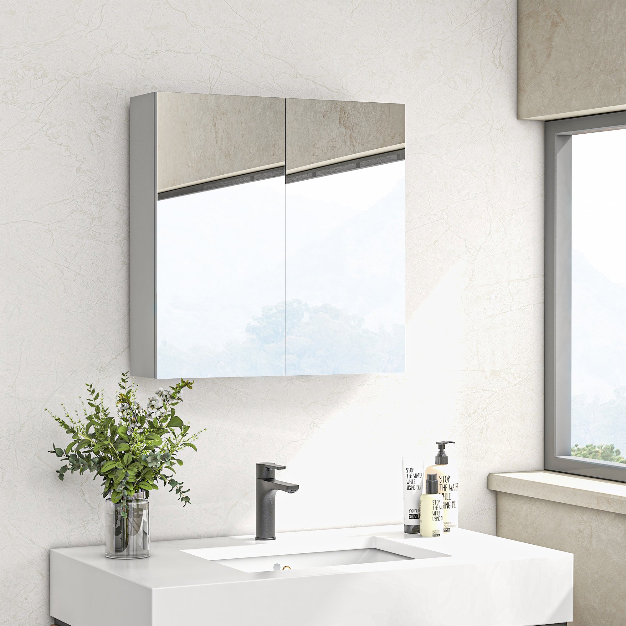 kleankin Bathroom Mirror Cabinet, Wall Mounted Bathroom Storage Cupboard with Adjustable Shelf, 60W x 15D x 60Hcm, High Gloss White - North Peak Garden Furniture