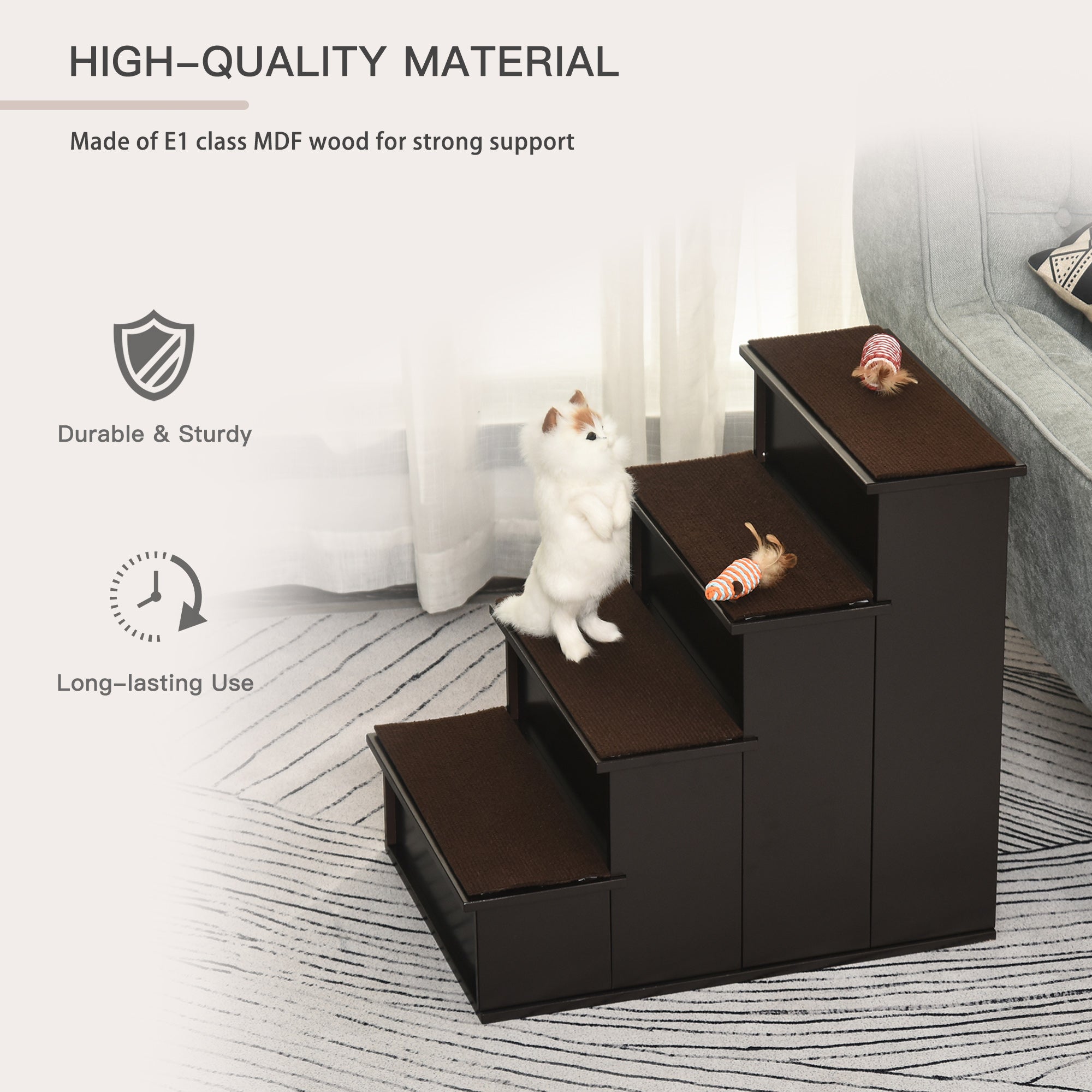 PawHut 4 Step Wooden Dog Steps Pet Stairs for Dogs, Cat Ladder for Bed Couch with Non-Slip Carpet 40 x 59 x 54.2 cm, Dark brown - North Peak Garden Furniture
