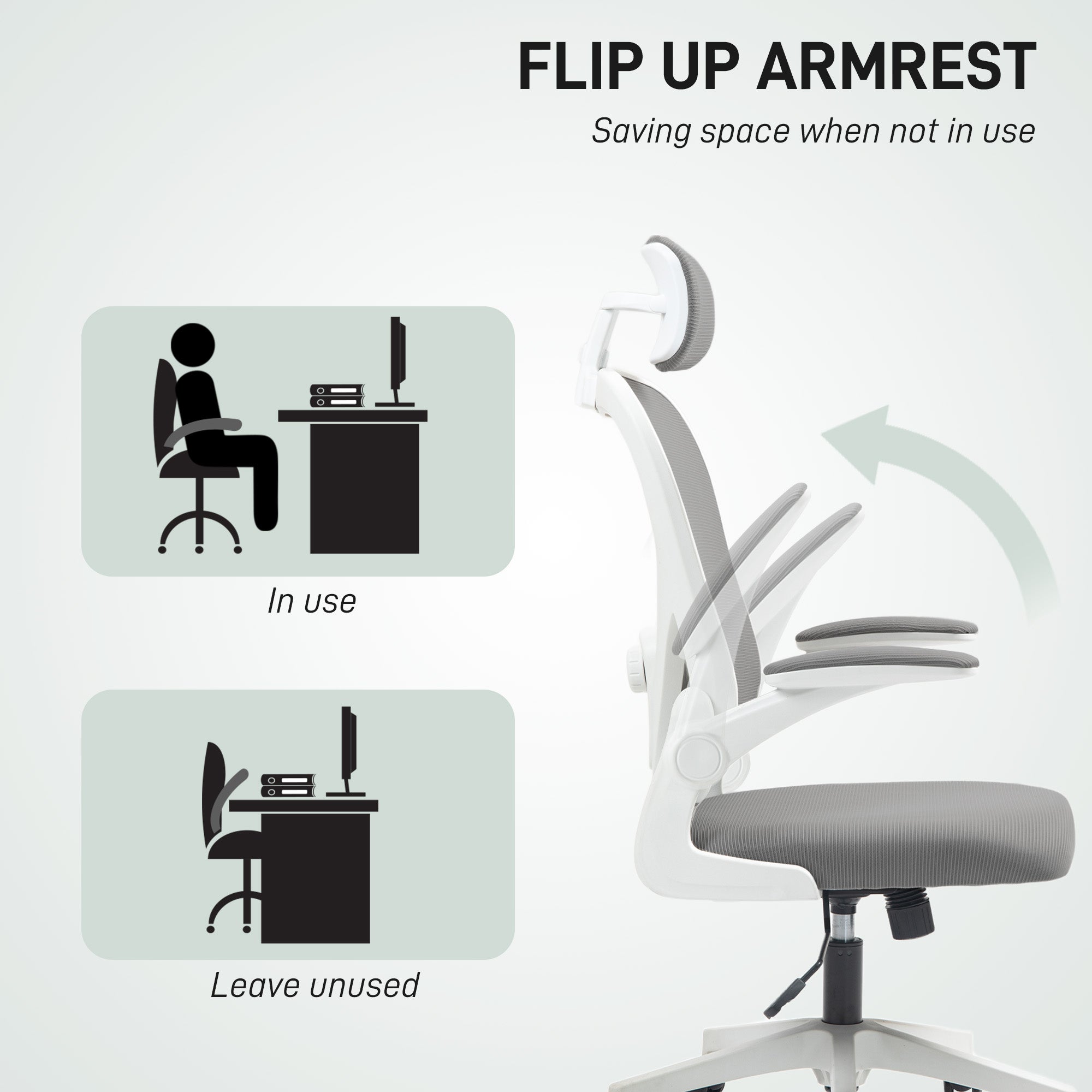 HOMCOM Executive Office Chair, Ergonomic Mesh High Back Desk Chair with Flip-up Armrest, Rotatable Headrest, Adjustable Lumbar Support, Swivel Computer Chair for Home Study, Grey