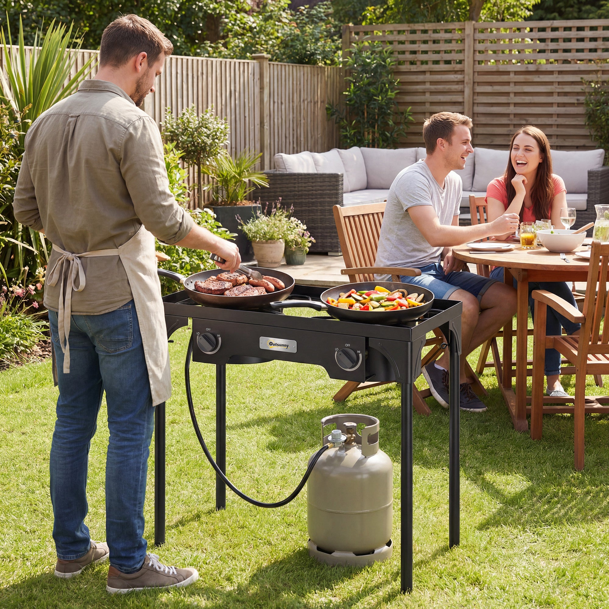 Outsunny Double Burner Camping Stove, 150,000 BTU High Pressure Camping Gas Stove with Detachable Legs, Black