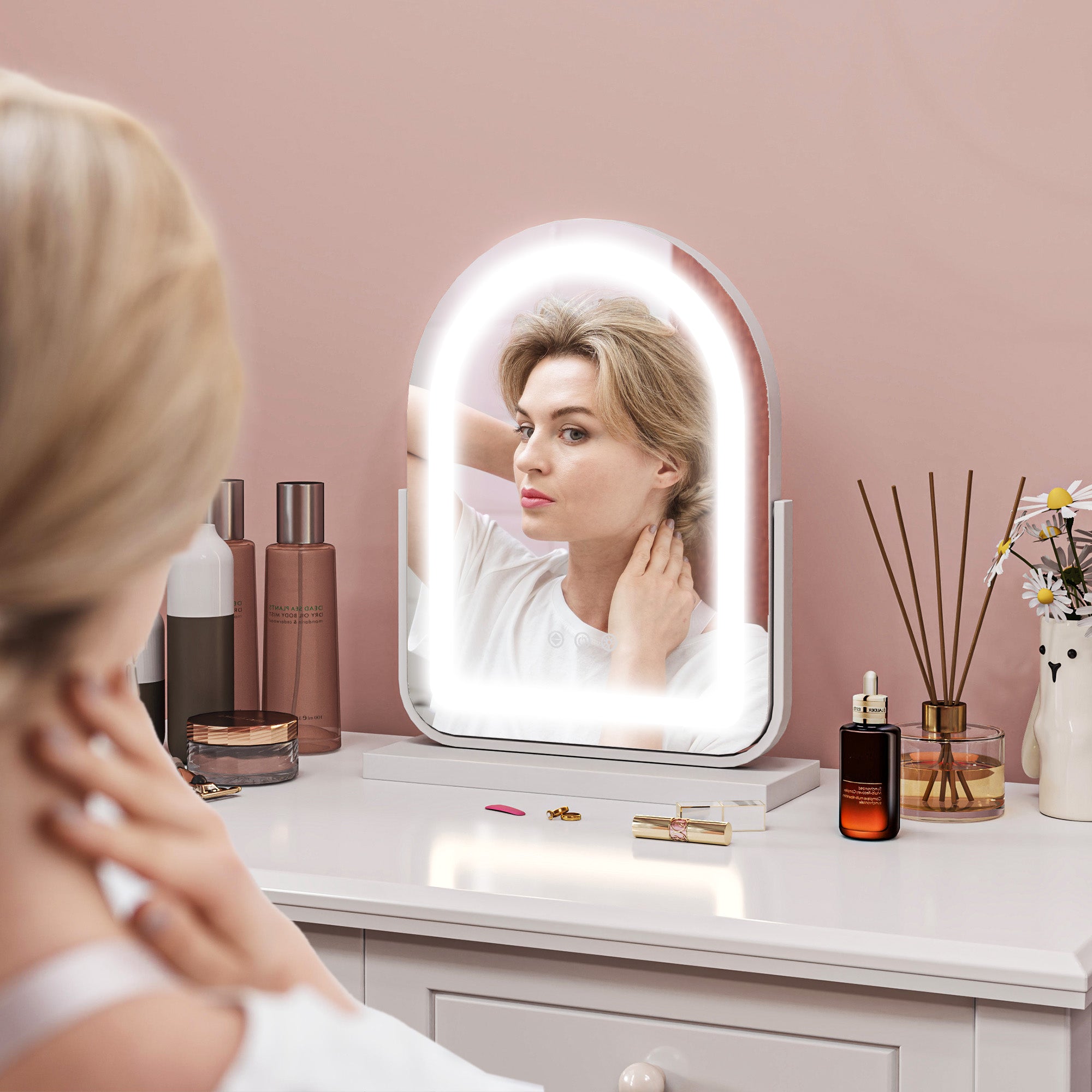 HOMCOM LED Vanity Mirror with Lights, 33 x 44.5cm Lighted Makeup Mirror with 3 Colour, 360° Rotation, Touch Screen, for Bedroom and Dressing Room, White - North Peak Garden Furniture