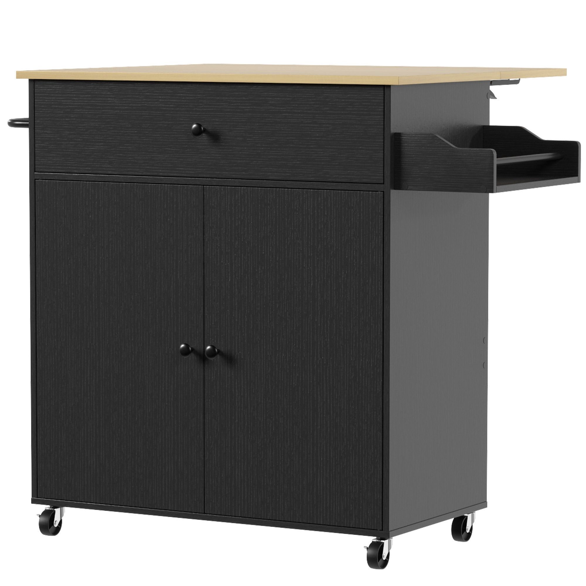 HOMCOM Kitchen Island with Drop Leaf, Rolling Kitchen Storage Trolley on Wheels with Drawer, Spice Rack and Towel Rack, Black