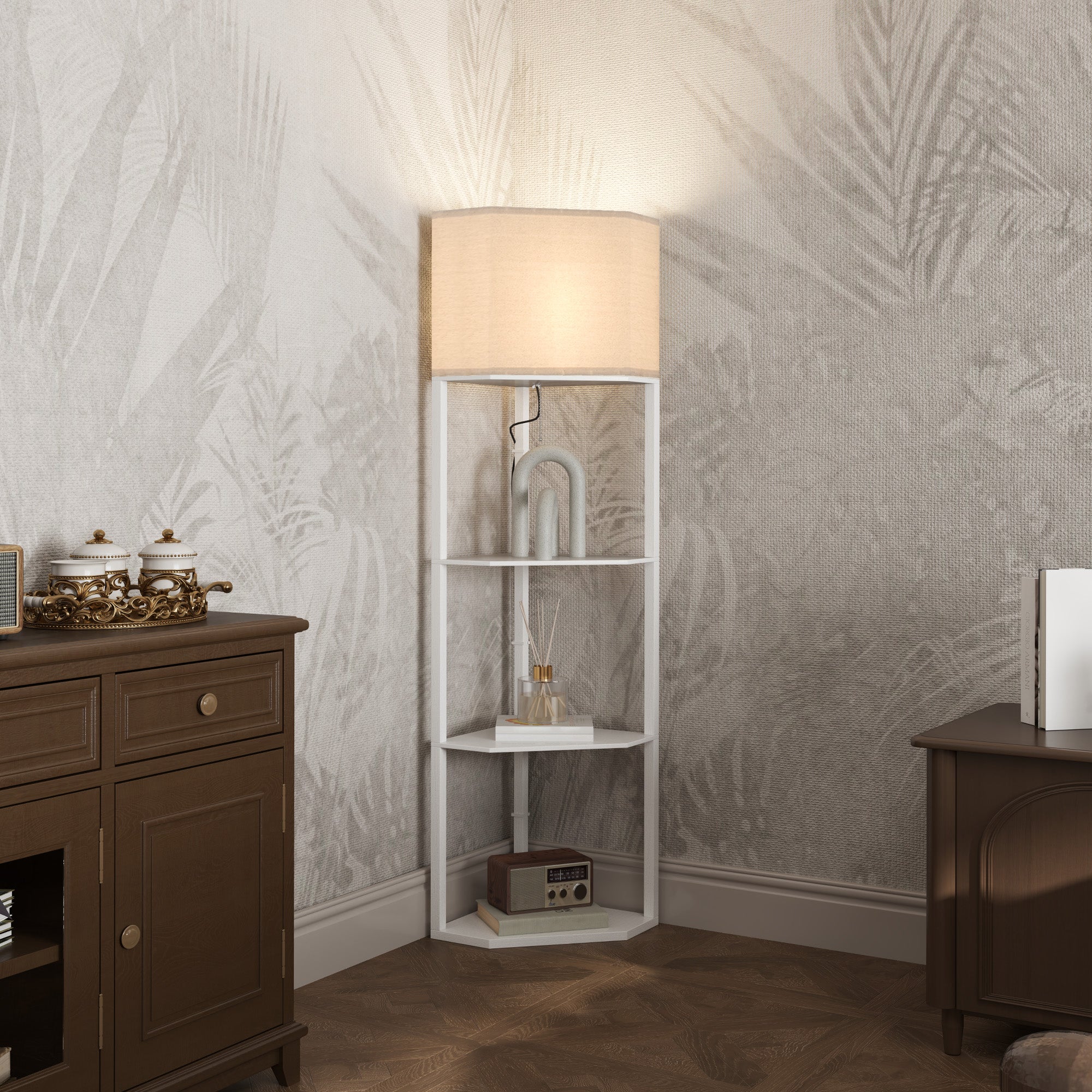 HOMCOM Three-Shelf Corner Floor Lamp - White - North Peak Garden Furniture