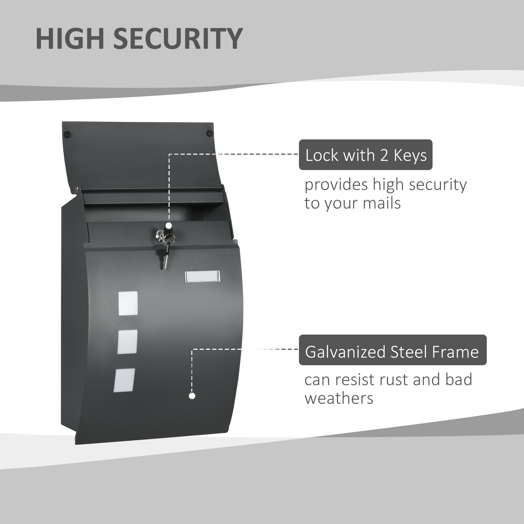 HOMCOM Wall Mounted Letter Box, Weatherproof Post Box for Outside Wall, Modern Mailbox with 2 Keys and Nameplate, Anthracite Grey - North Peak Garden Furniture