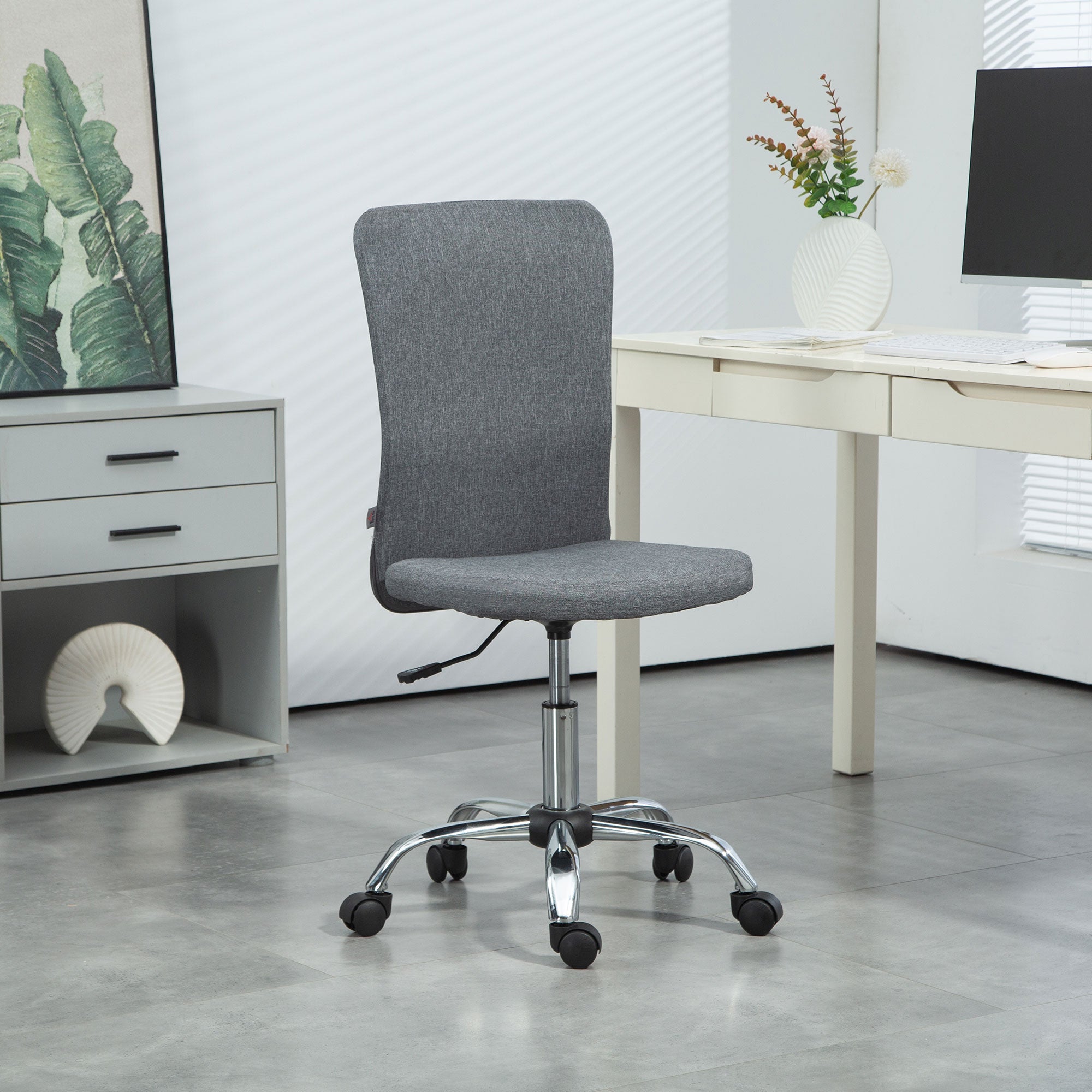 HOMCOM Armless Computer Desk Chair, Fabric Swivel Office Chair, Makeup Vanity Chair with Height Adjustable, Wheels, for Home Study Bedroom, Grey - North Peak Garden Furniture