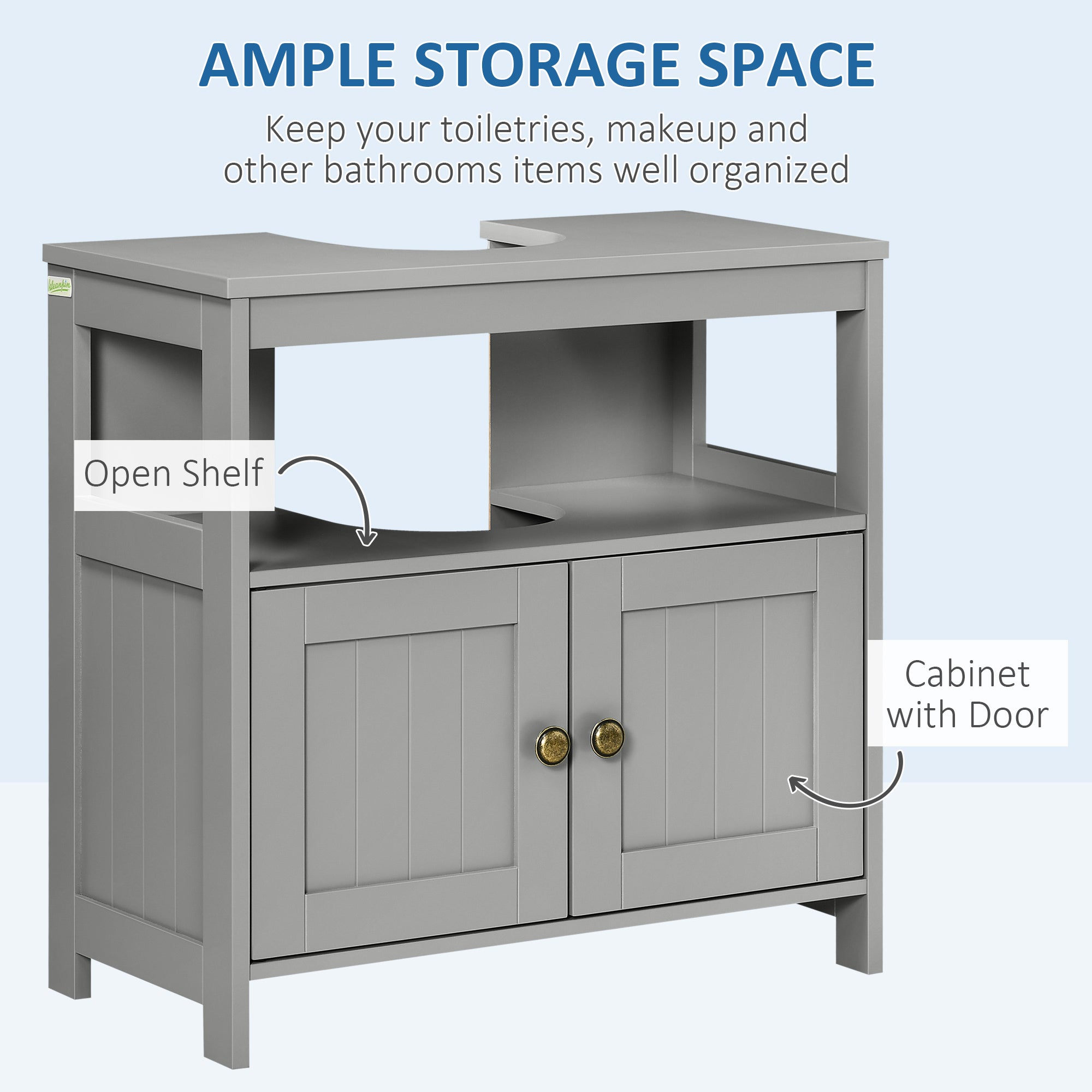 kleankin Pedestal Under Sink Cabinet with Double Doors, Modern Bathroom Vanity Storage Unit with Shelves, Light Grey - North Peak Garden Furniture