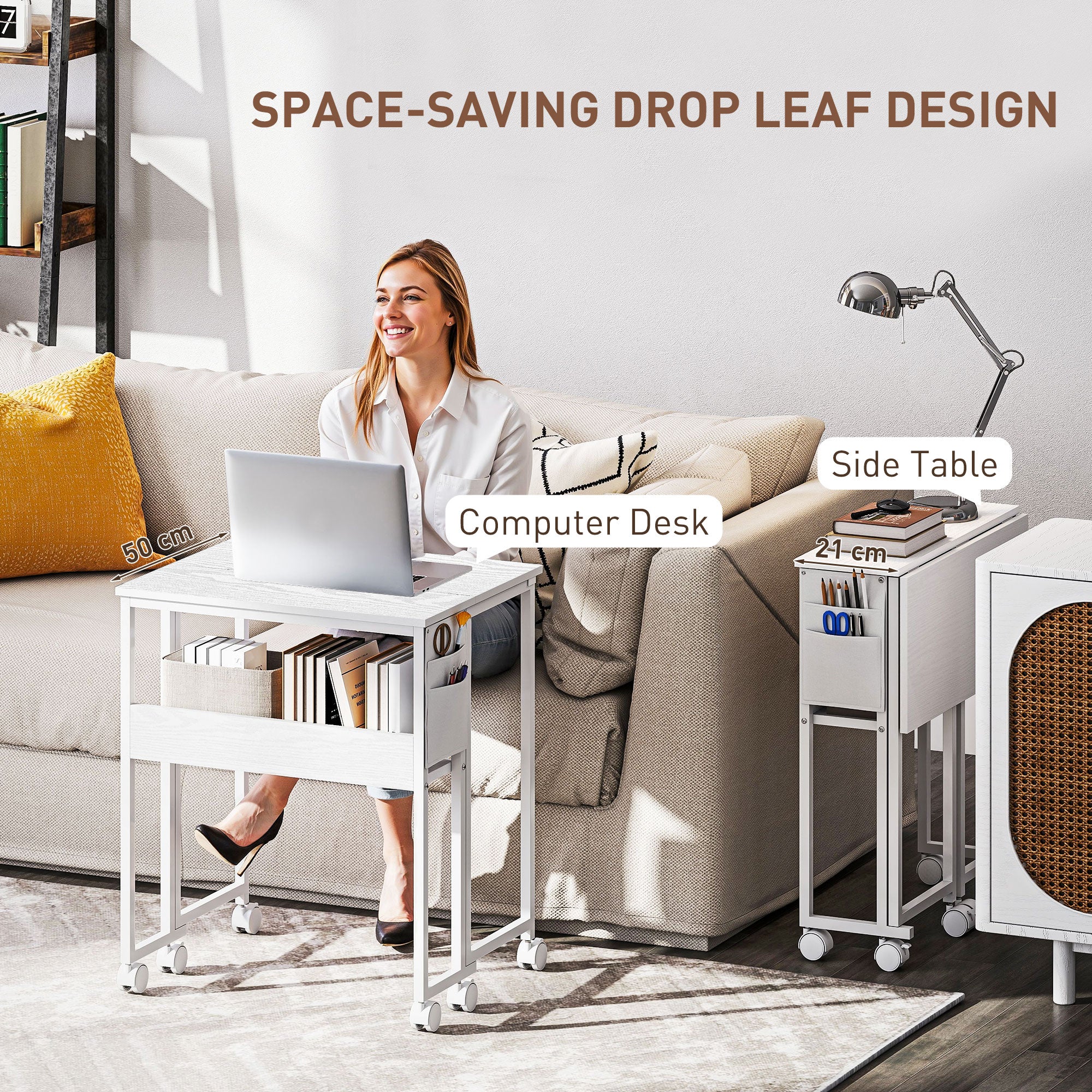 HOMCOM 63 cm Drop Leaf Writing Work Desk - White - North Peak Garden Furniture