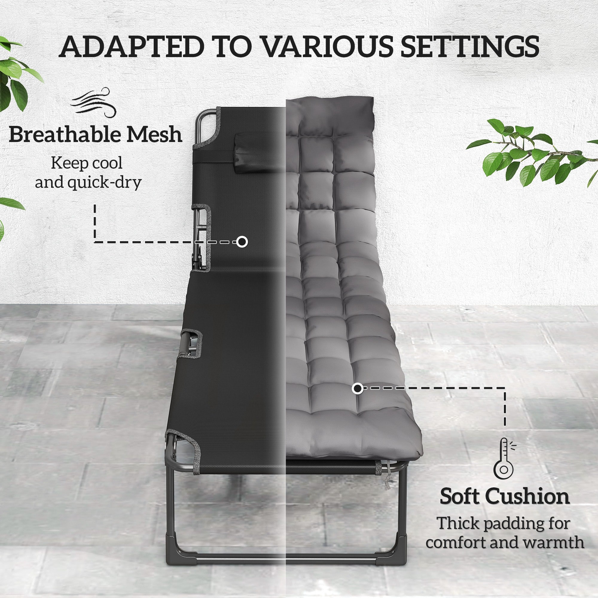 Outsunny Folding Sun Loungers for Garden Set of 2, 5-Position Oversized Camping Bed Recliner with Cushions, Dark Grey