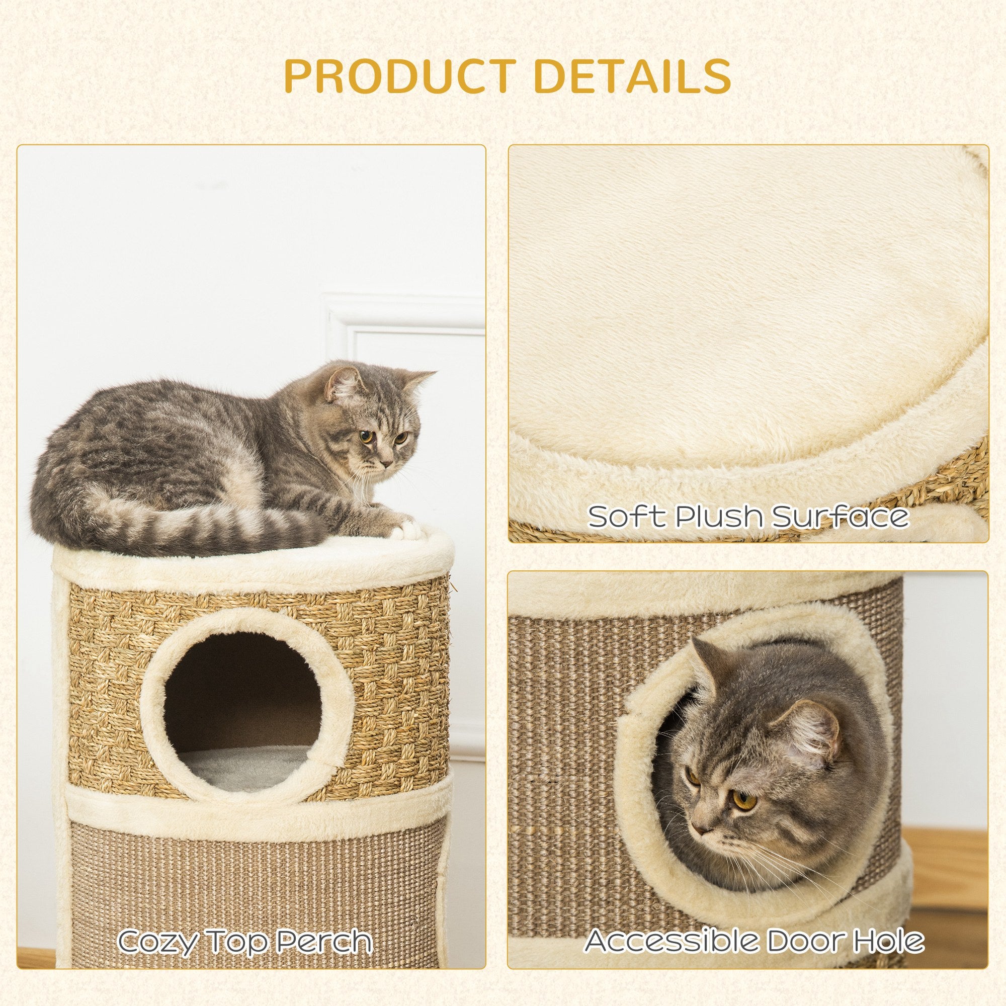 PawHut Cat Scratching Barrel Kitten Tree Tower for Indoor Cats Pet Furniture Climbing Frame Covered with Sisal and Seaweed Rope Cozy Platform Soft Plush - North Peak Garden Furniture
