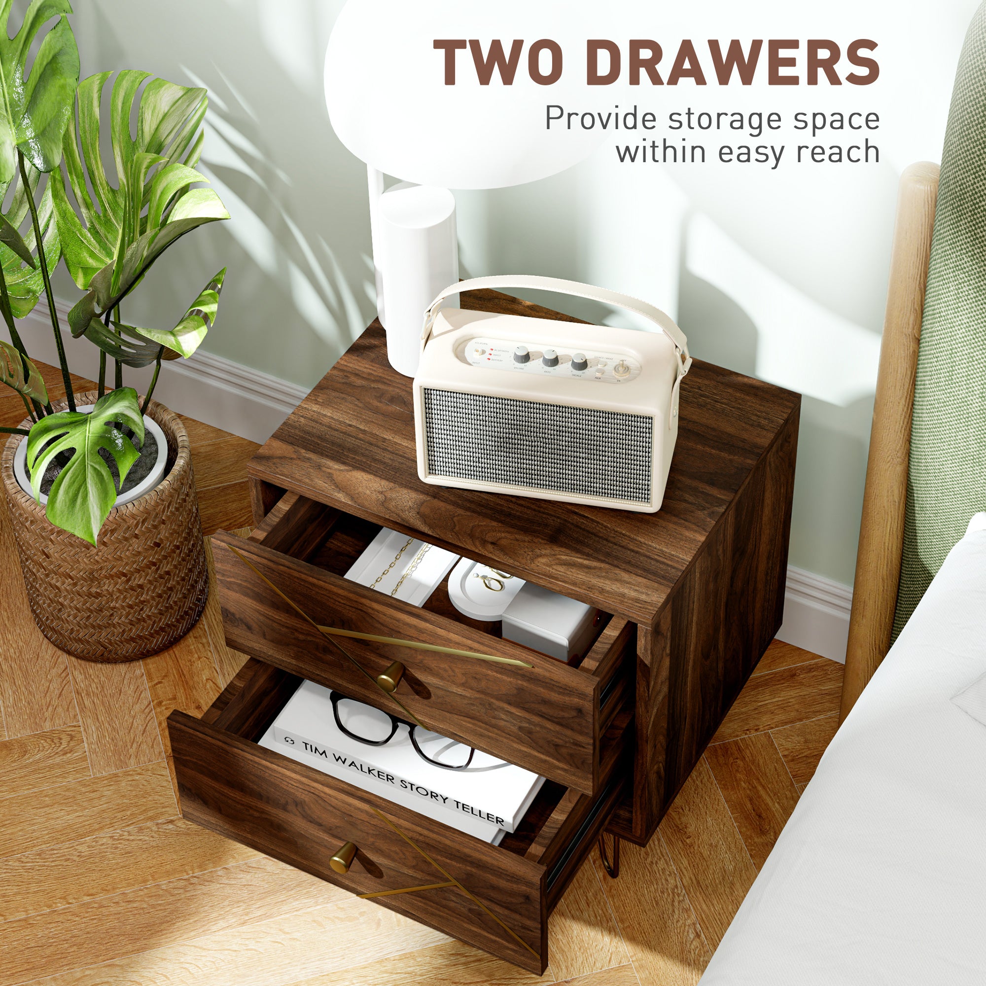HOMCOM Bedside Tables Set of 2, Modern Side Table Set with 2 Drawers and Steel Hairpin Legs, Nightstand for Bedroom, Brown Wood Grain - North Peak Garden Furniture