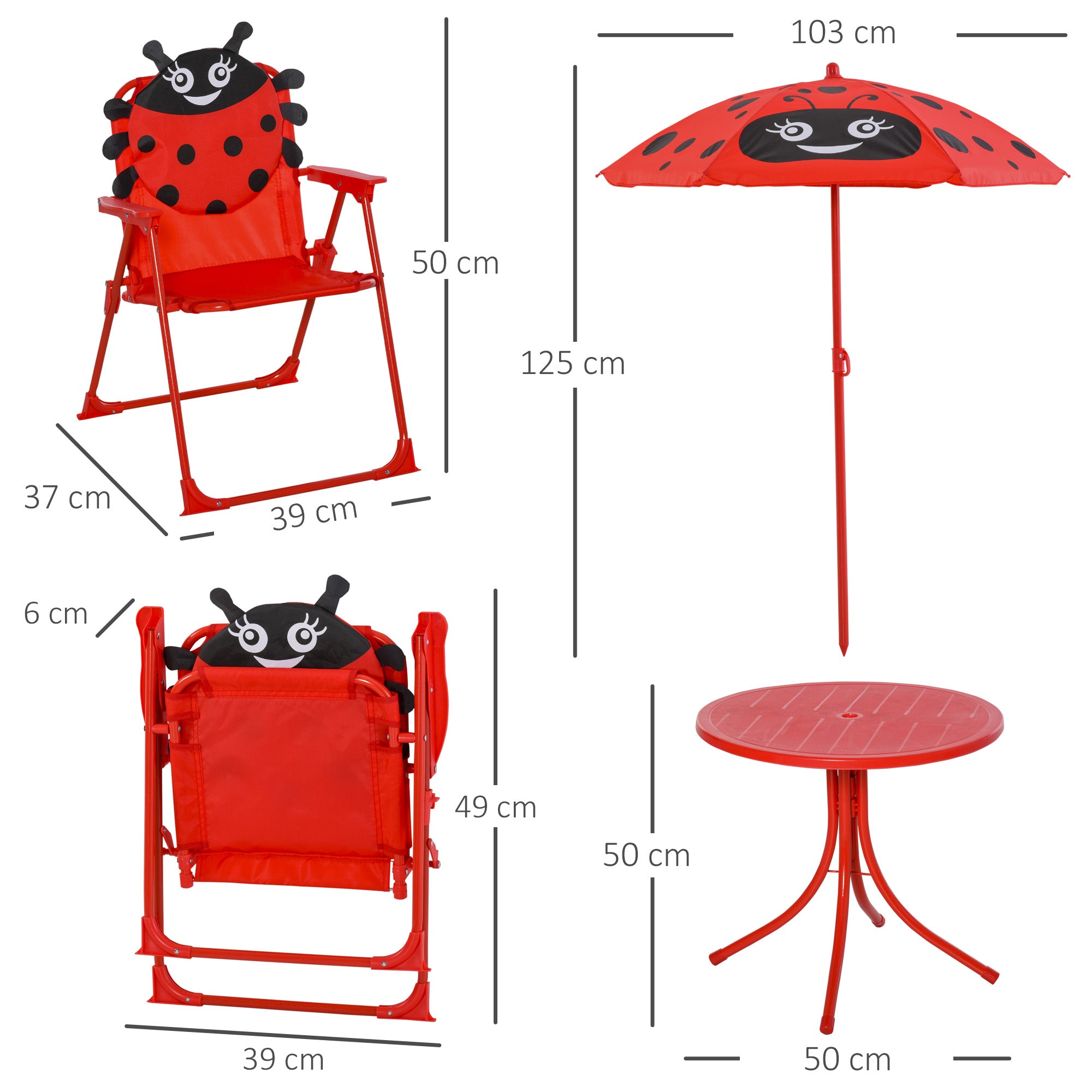 Outsunny Kids Outdoor Table and Chairs Garden Furniture Ladybird Pattern with Removable & Height Adjustable Sun Umbrella, Red