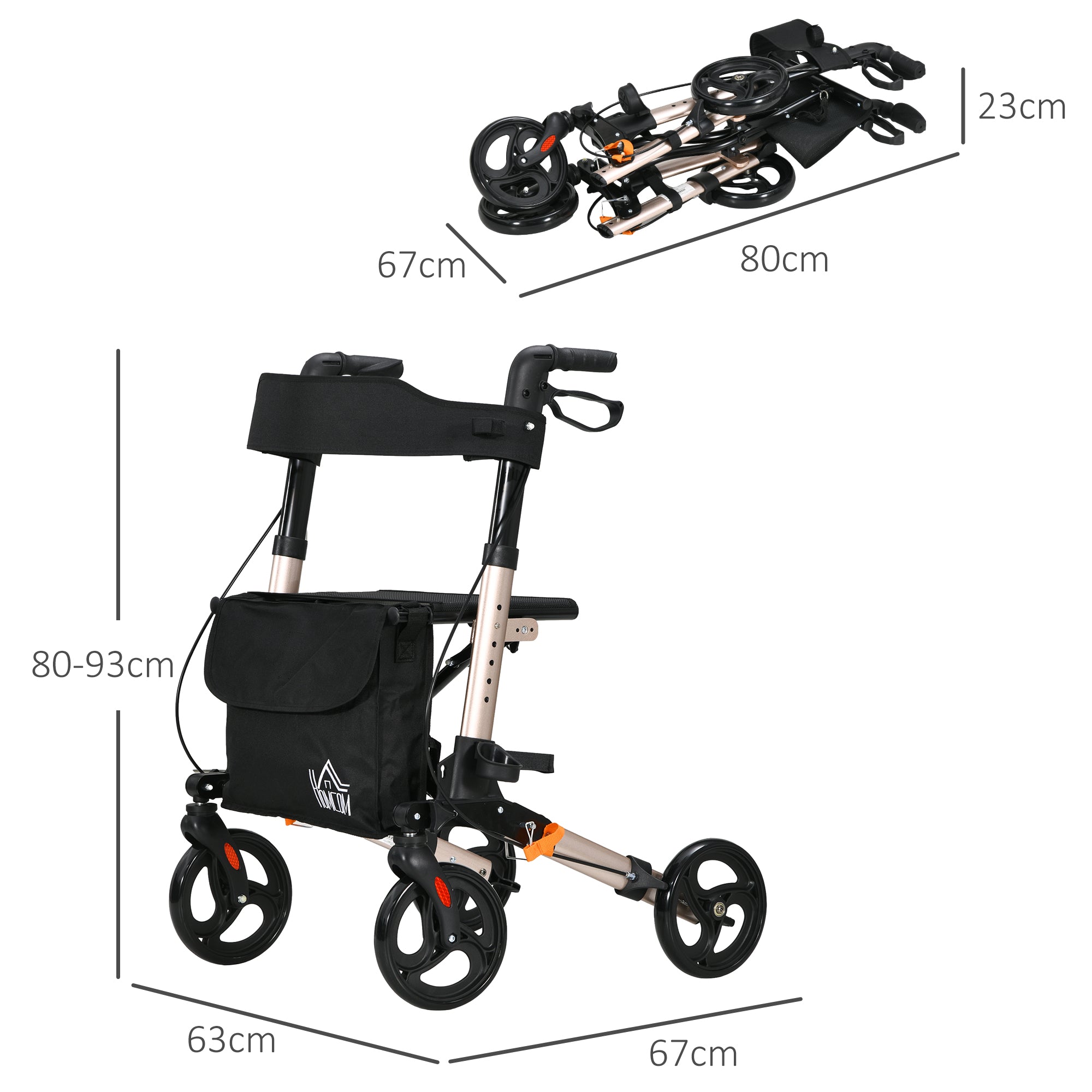 HOMCOM 4 Wheel Rollator with Seat and Back, Folding Mobility Walker with Carry Bag, Adjustable Height, Dual Brakes, Cane Holder, Lightweight Aluminium Walking Frame for Seniors and Disabled, Gold Tone - North Peak Garden Furniture
