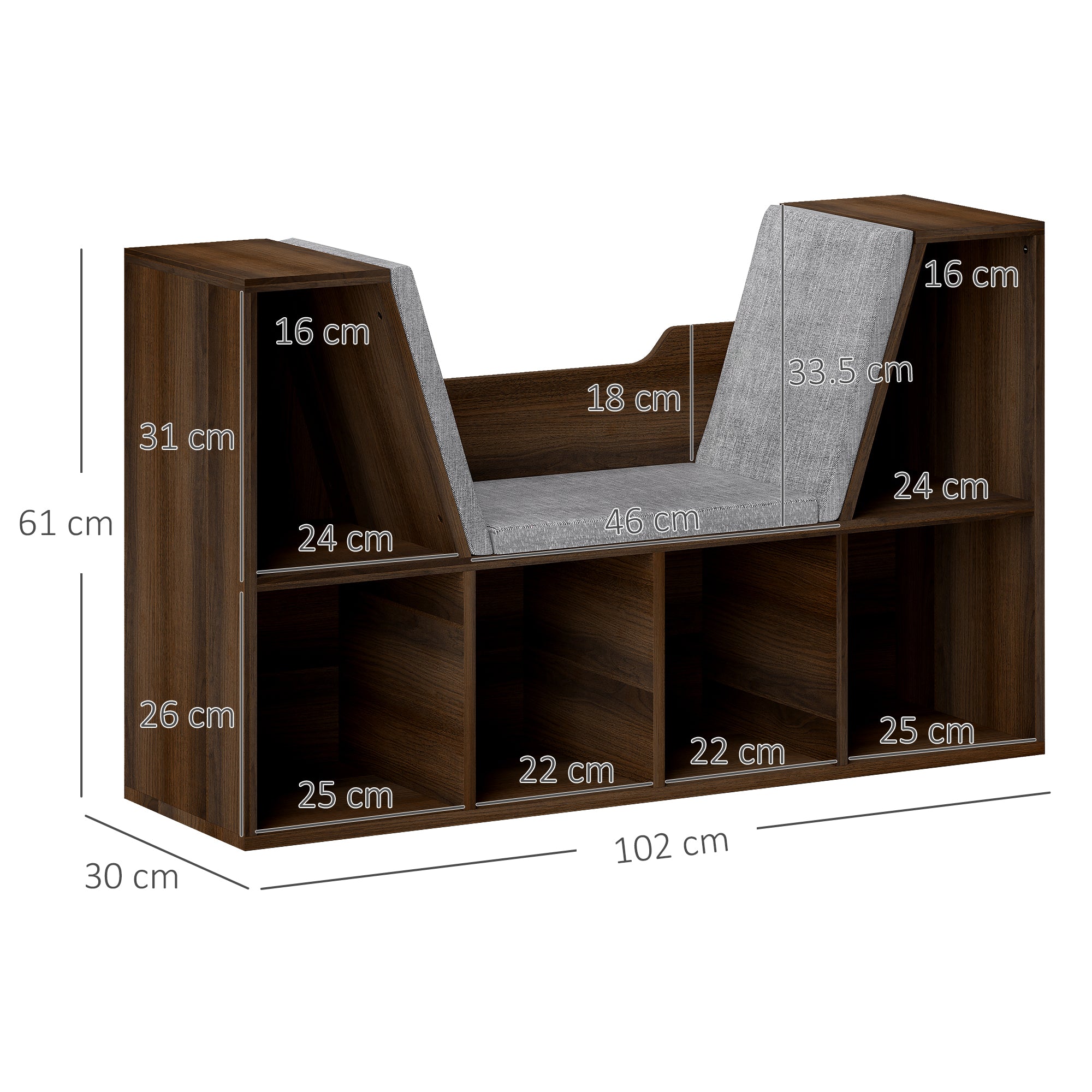 HOMCOM Bookcase Storage Shelf with Cushioned Reading Seat, Cube Bookshelf Organizer for Bedroom Living Room, Chestnut - North Peak Garden Furniture