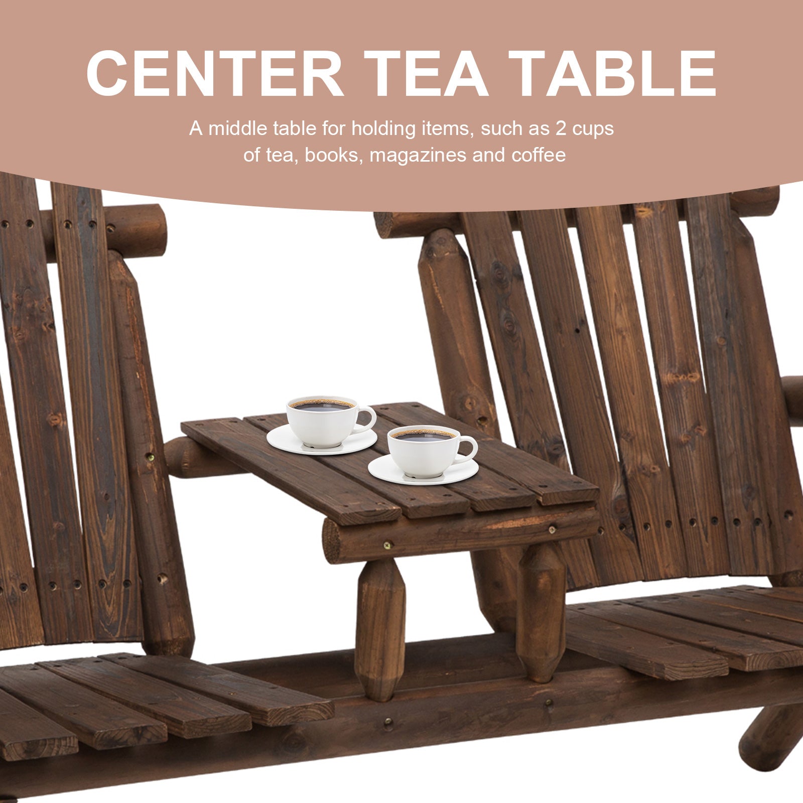 Outsunny Wood Patio Chair Bench 2 Seats Jack and Jill Seat w/ Center Coffee Table, Garden Bench, Carbonized - North Peak Garden Furniture