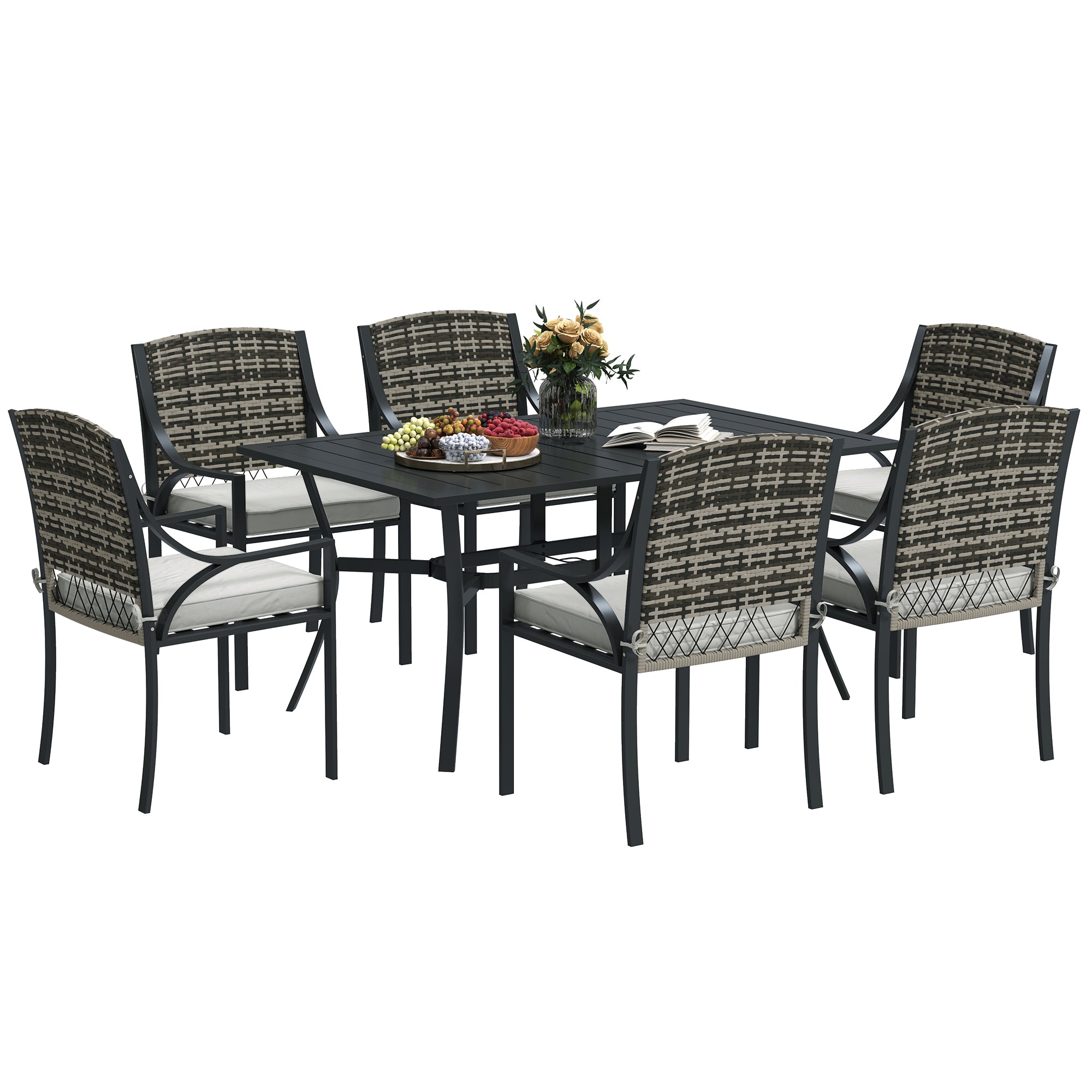 Outsunny Rattan Garden Furniture Set with Cushions, 6 Seater Rattan Dining Set with 6 Armchairs, 150 x 96cm Rectangular Table, Umbrella Hole, for Outdoor, Patio, Balcony, Terrace, Conservatory - North Peak Garden Furniture