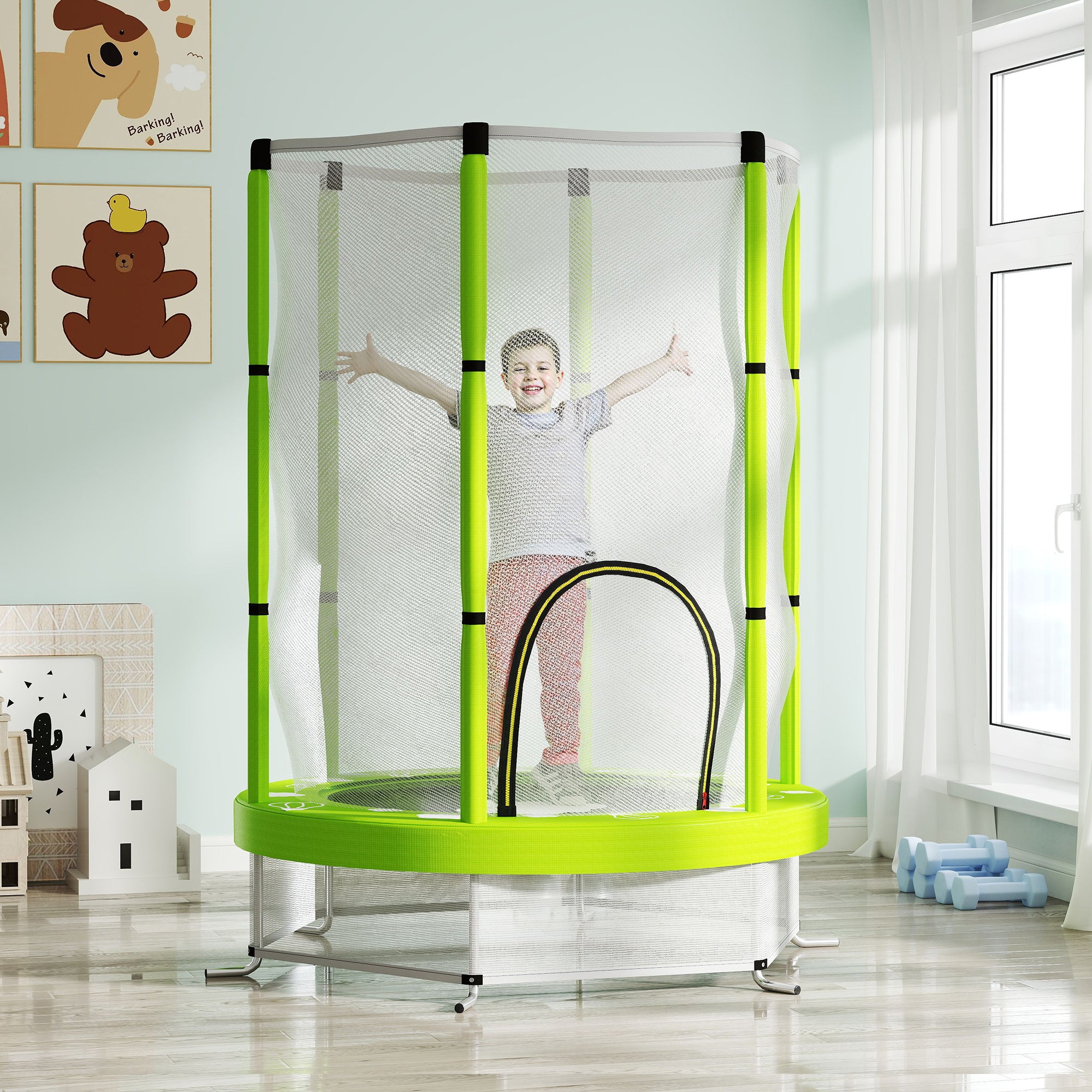 AIYAPLAY 4.6ft Toddler Trampoline w/ Safety Enclosure Net, for Indoor Outdoor Use, Ages 3-6 Years, Green - North Peak Garden Furniture