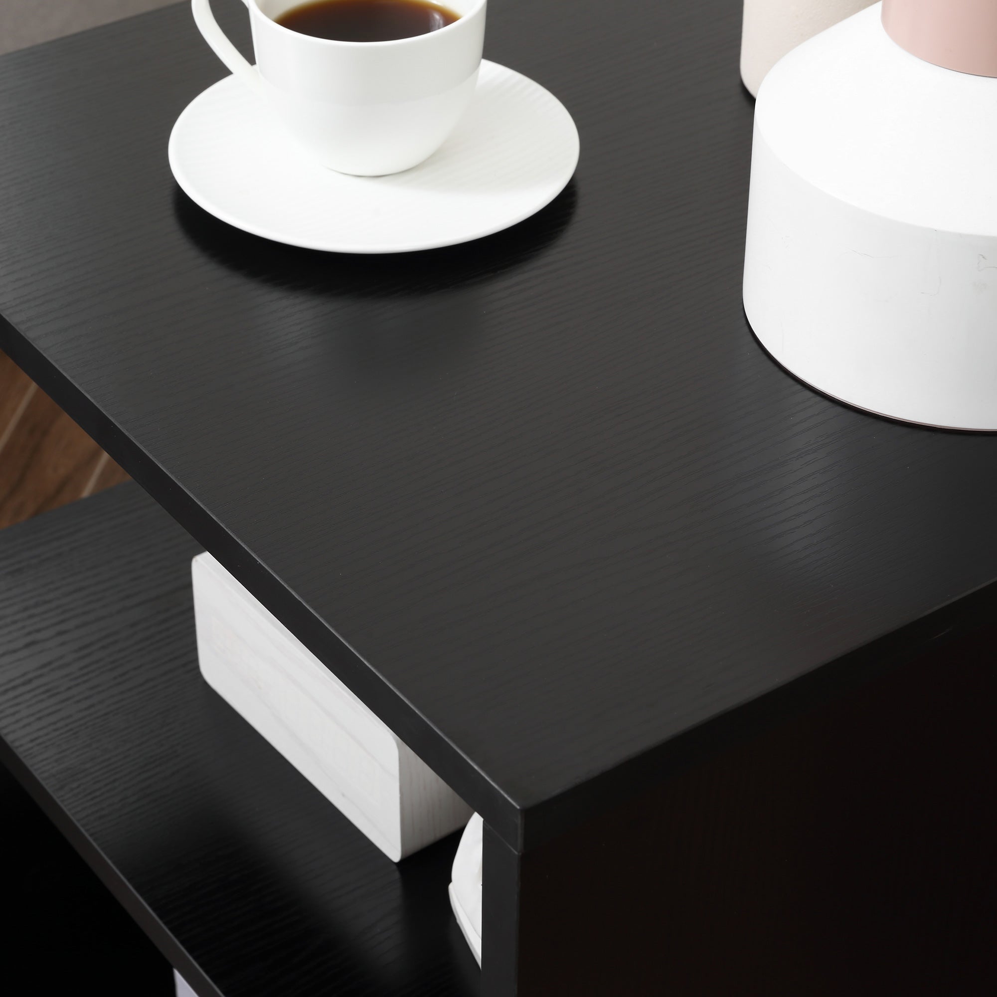 HOMCOM Wooden S Shape Cube Coffee Table 2 Tier Storage Shelves Organizer Office Bookcase Living Room End Desk Stand Display Set of 2 (Black) - North Peak Garden Furniture