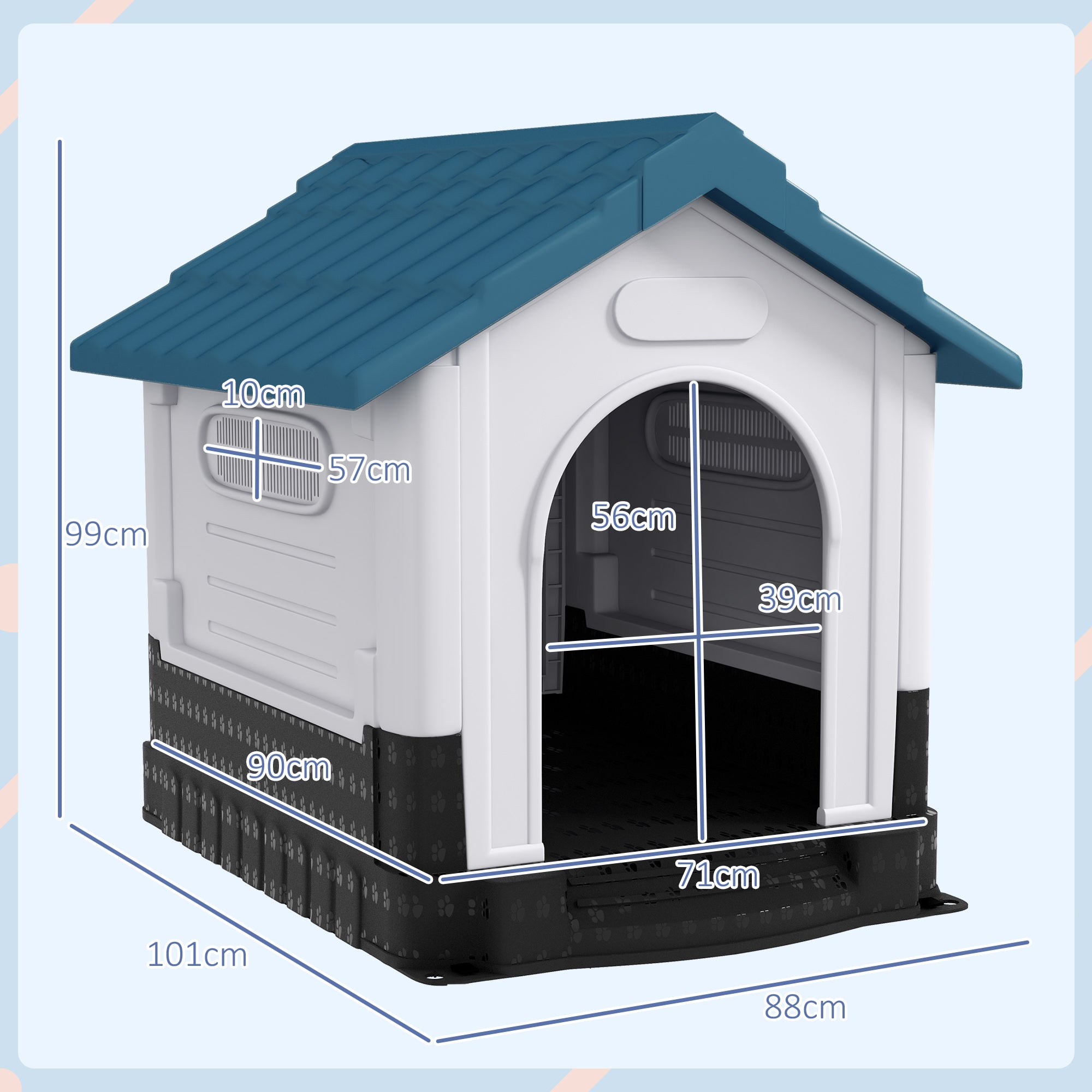 PawHut Plastic Dog Kennel with Windows, for Garden Patio, Medium and Large Dogs, 101 x 88 x 99cm - Blue