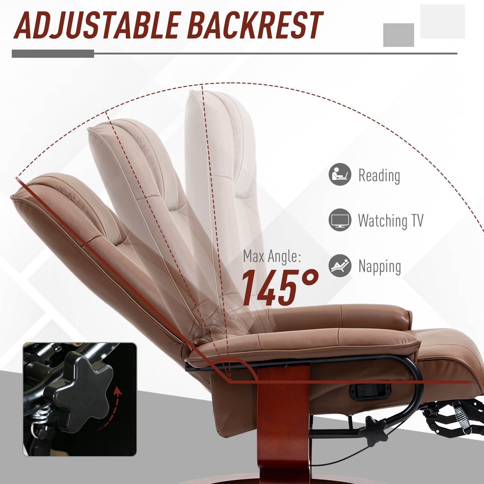 HOMCOM Faux Leather Armchair, with 145° Reclining Back and Footrest - Brown - North Peak Garden Furniture