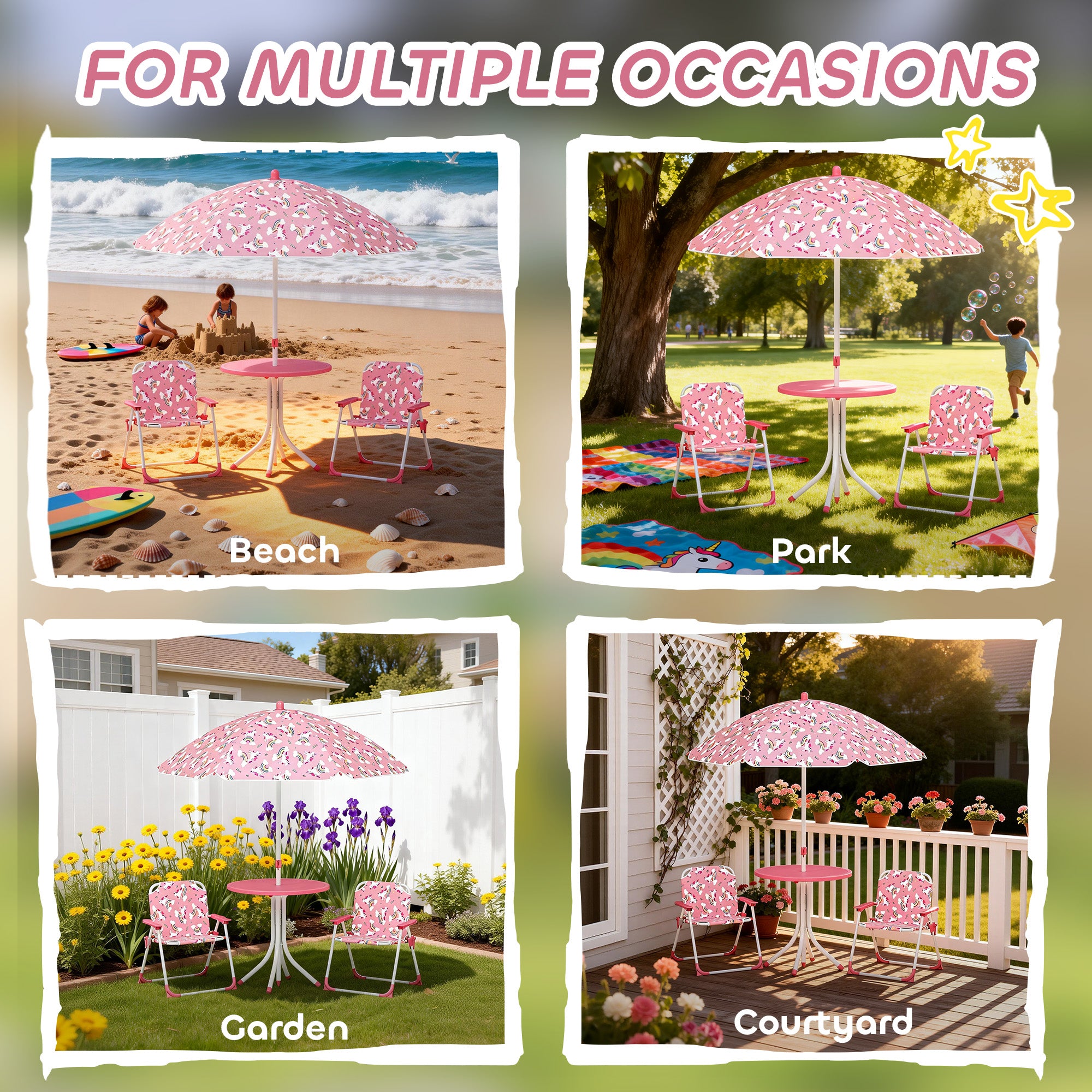 AIYAPLAY Kids Patio Table and Chair Set, Kids Garden Furniture with Umbrella, 4-Piece Bistro Set for Garden, Pink