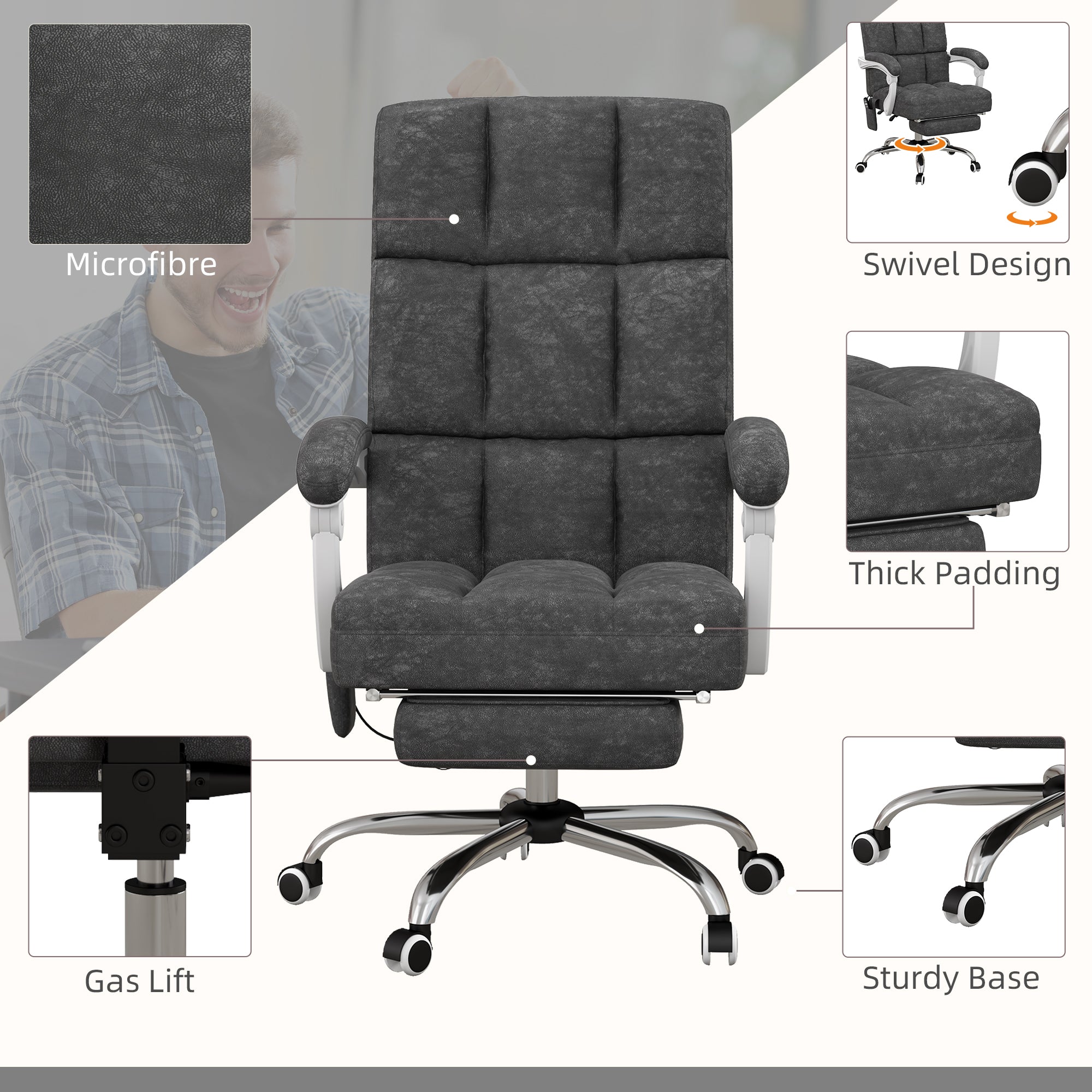 Vinsetto Massage Office Chair, Ergonomic Desk Chair, Comfy Work Study Chair with Heat, Padded Seat, 135° Reclining Back and Footrest for Home Office, Charcoal Grey - North Peak Garden Furniture
