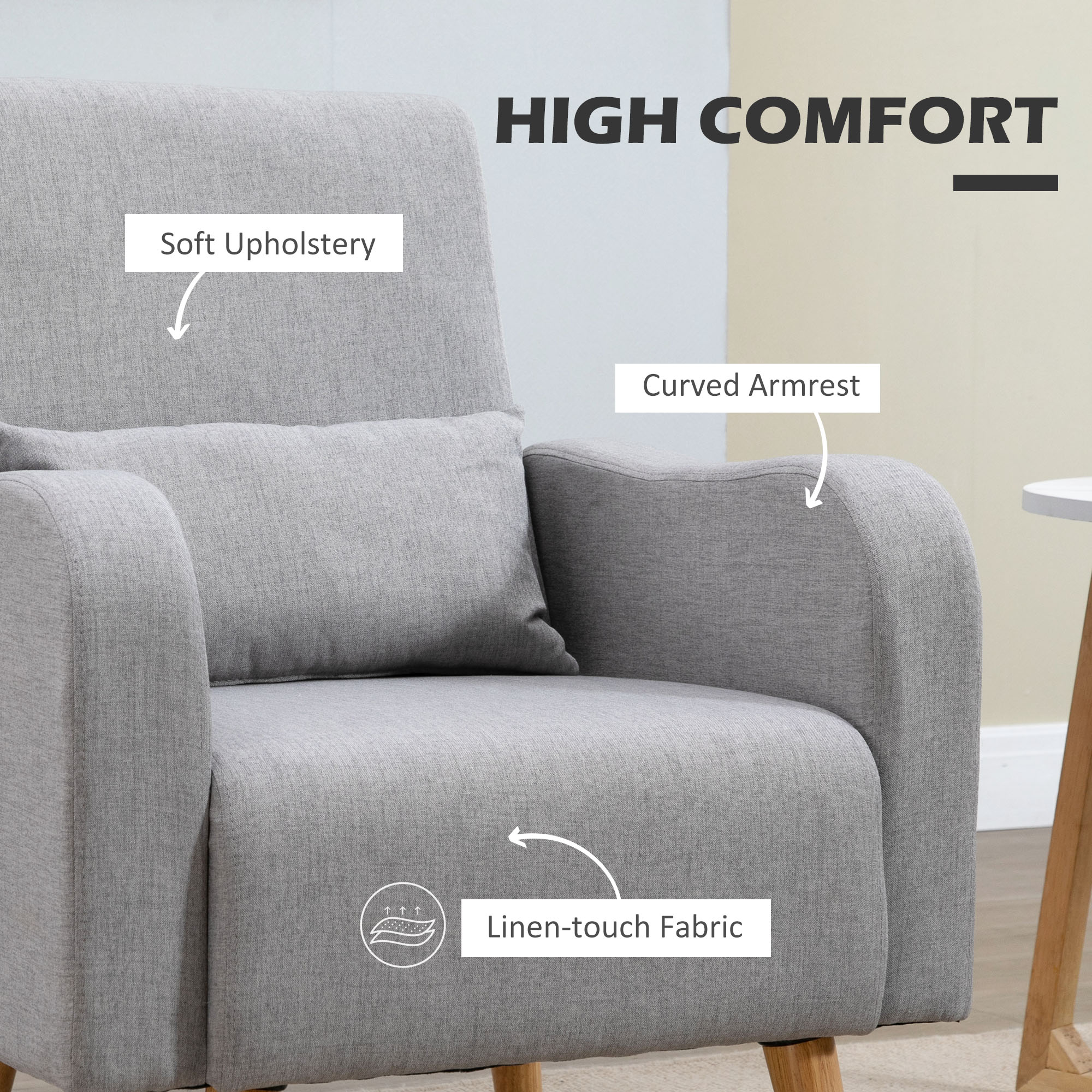 HOMCOM Accent Chair, Linen-Touch Armchair, Upholstered Leisure Lounge Sofa for Living Room, Club Chair with Wooden Frame, Grey - North Peak Garden Furniture